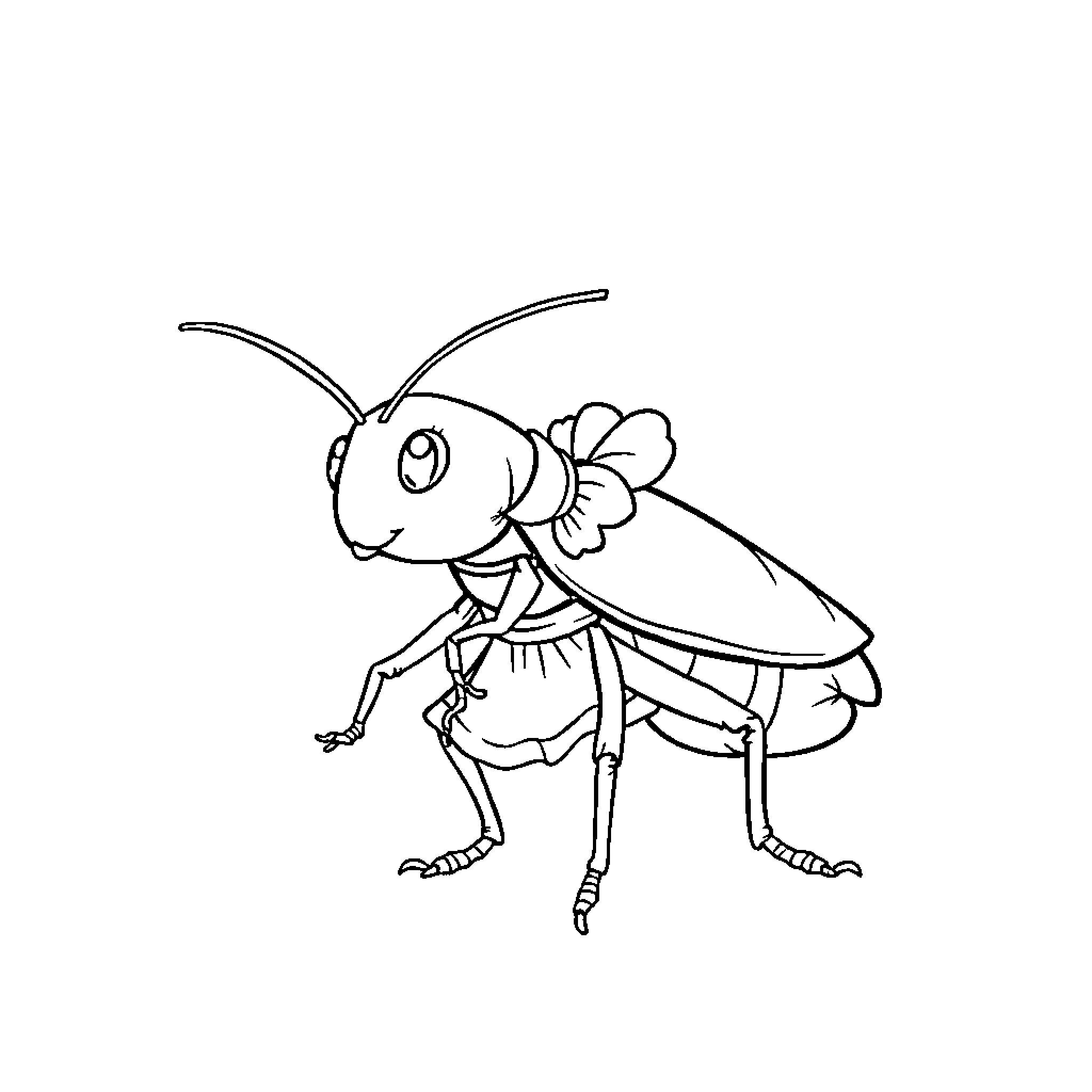 Cockroach in a whimsical outfit Coloring Page (free black-and-white line drawing printable PDF for all, from beginners to advanced learners, including children, teens, adults, and seniors)
