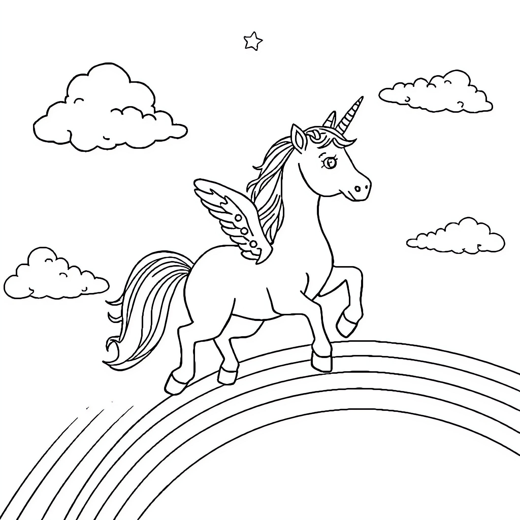 Unicorn standing on a rainbow in the clouds Coloring Page (free black-and-white line drawing printable PDF for all, from beginners to advanced learners, including children, teens, adults, and seniors)