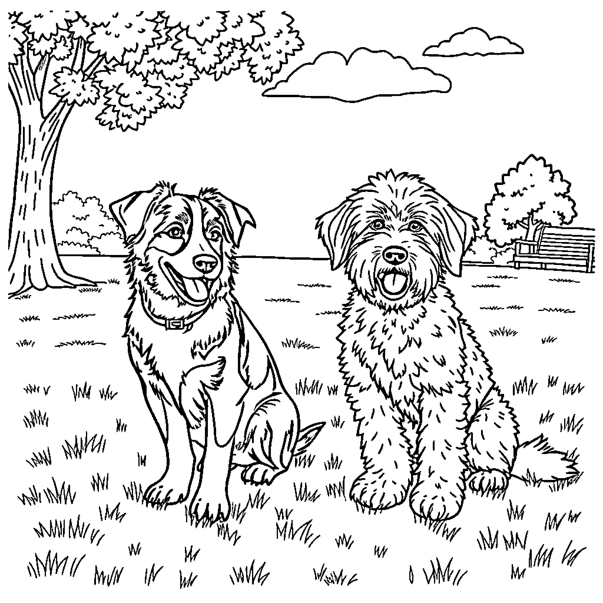 Dogs enjoying the outdoors in a park Coloring Page (free black-and-white line drawing printable PDF for all, from beginners to advanced learners, including children, teens, adults, and seniors)