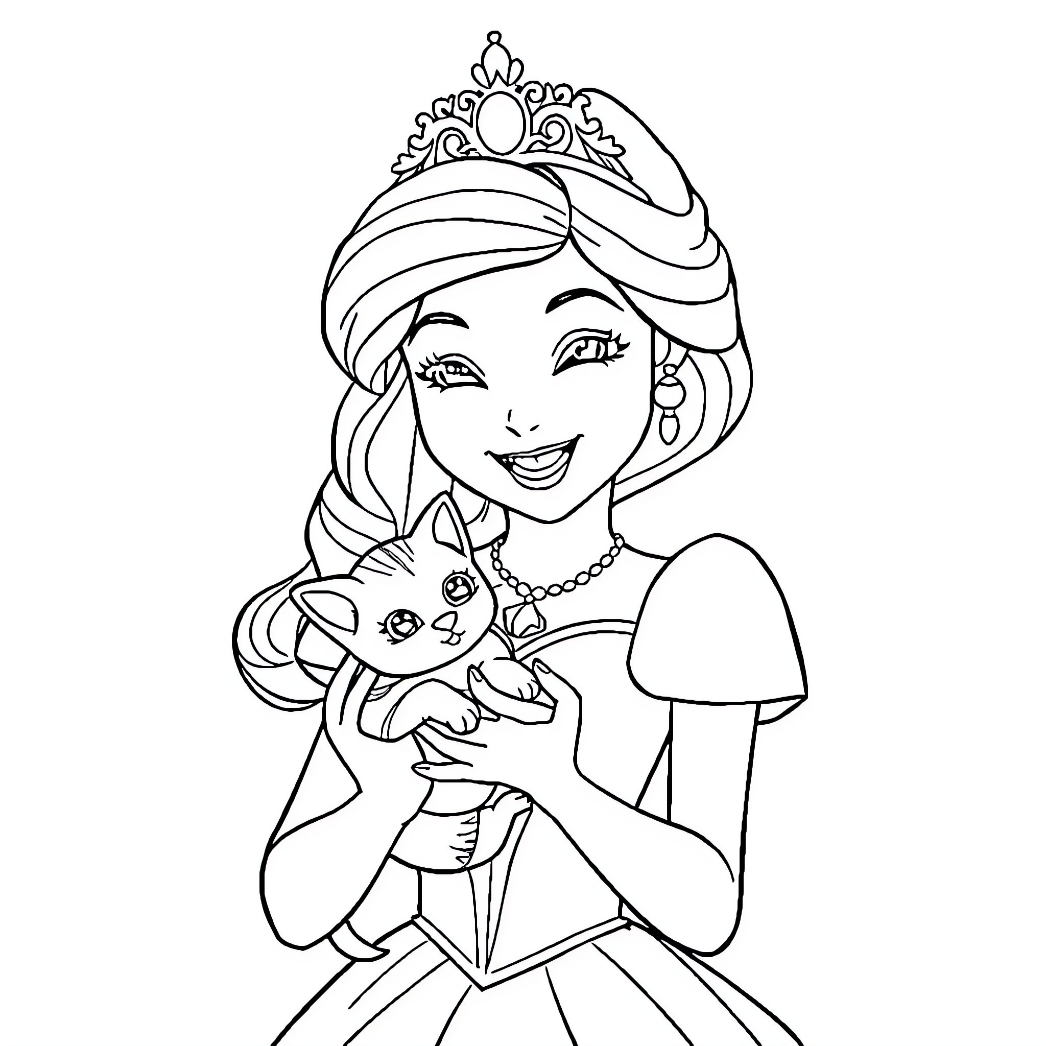 Princess Holding a Adorable Pet Coloring Page (free black-and-white line drawing printable PDF for all, from beginners to advanced learners, including children, teens, adults, and seniors)
