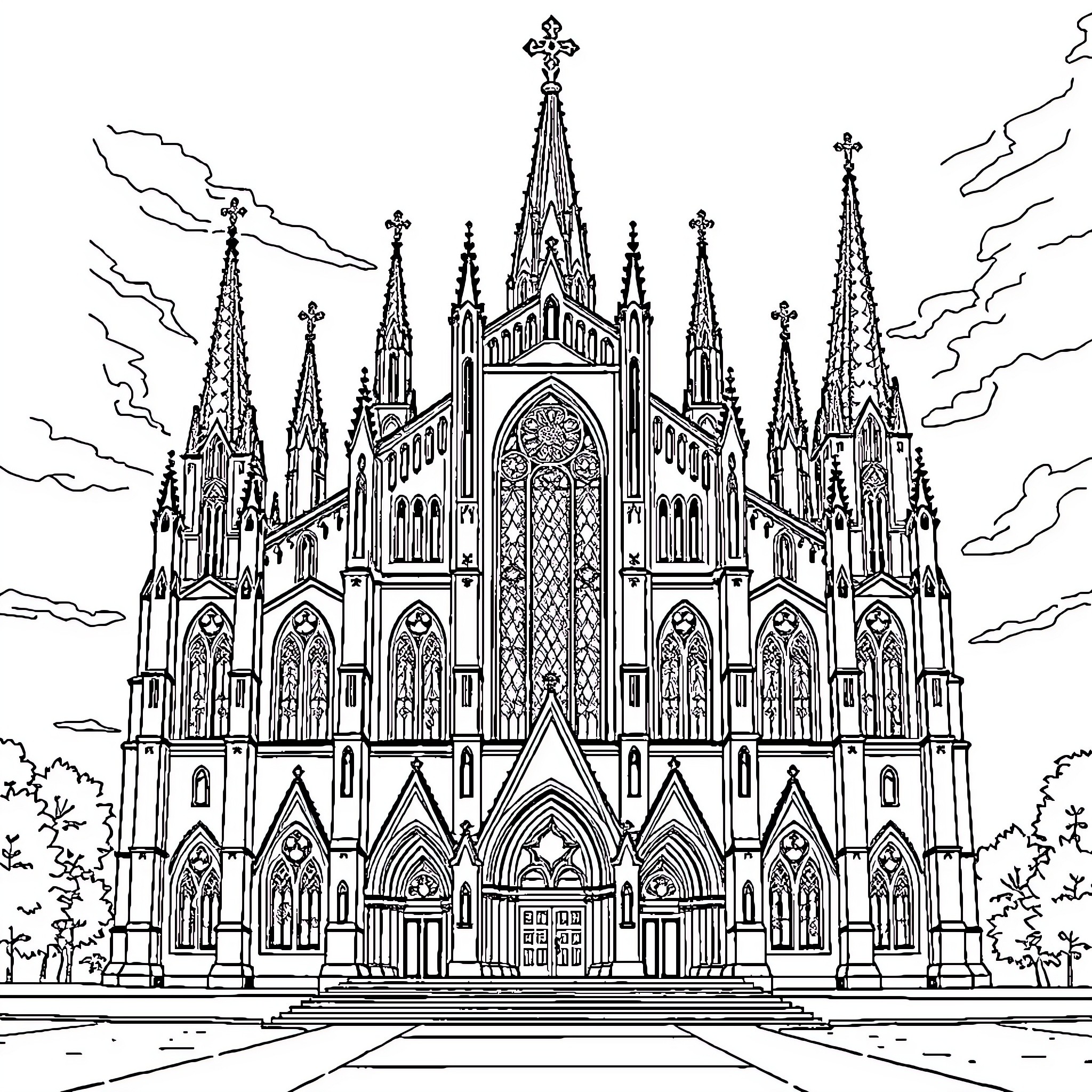 Basilique of Gothic architectural grandeur Coloring Page (free black-and-white line drawing printable PDF for all, from beginners to advanced learners, including children, teens, adults, and seniors)