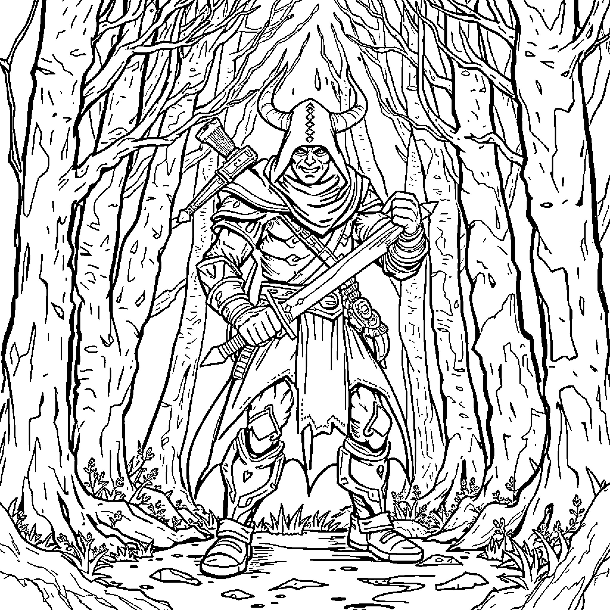 Demon Hunter Stalking Through the Mysterious Forest Coloring Page (free black-and-white line drawing printable PDF for all, from beginners to advanced learners, including children, teens, adults, and seniors)