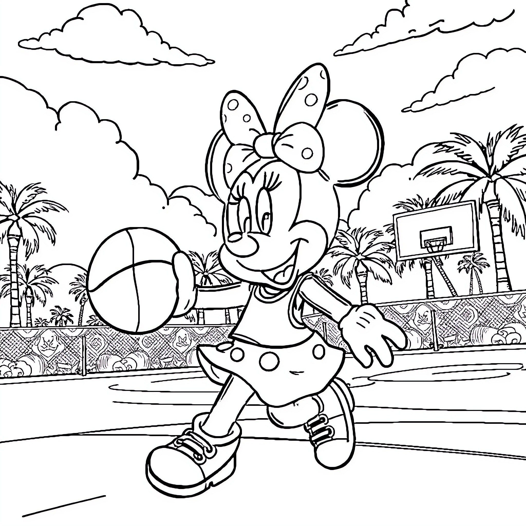 Minnie Mouse playing basketball on the beach Coloring Page (free black-and-white line drawing printable PDF for all, from beginners to advanced learners, including children, teens, adults, and seniors)