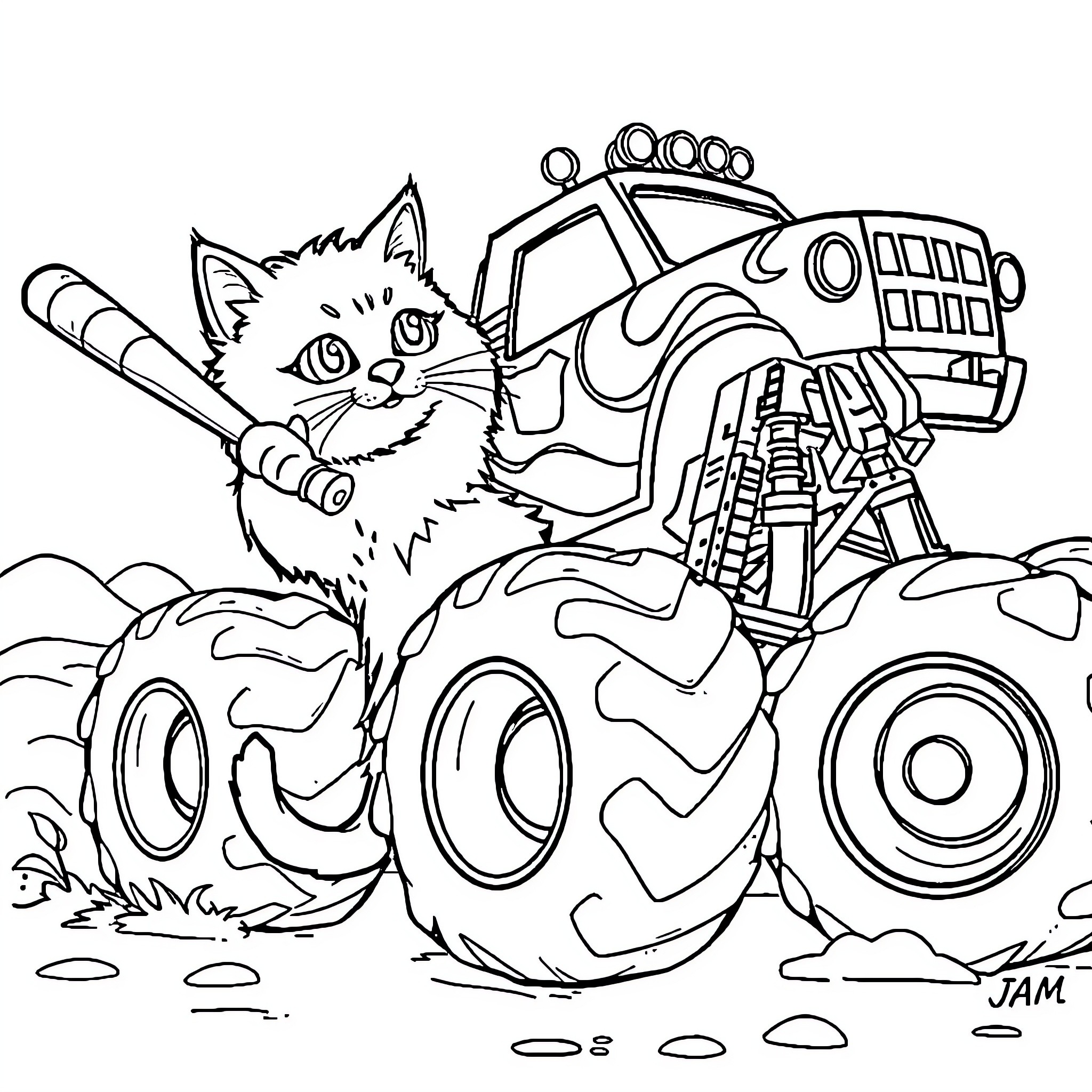 Cat Riding a Monster Truck in the Wild Coloring Page (free black-and-white line drawing printable PDF for all, from beginners to advanced learners, including children, teens, adults, and seniors)