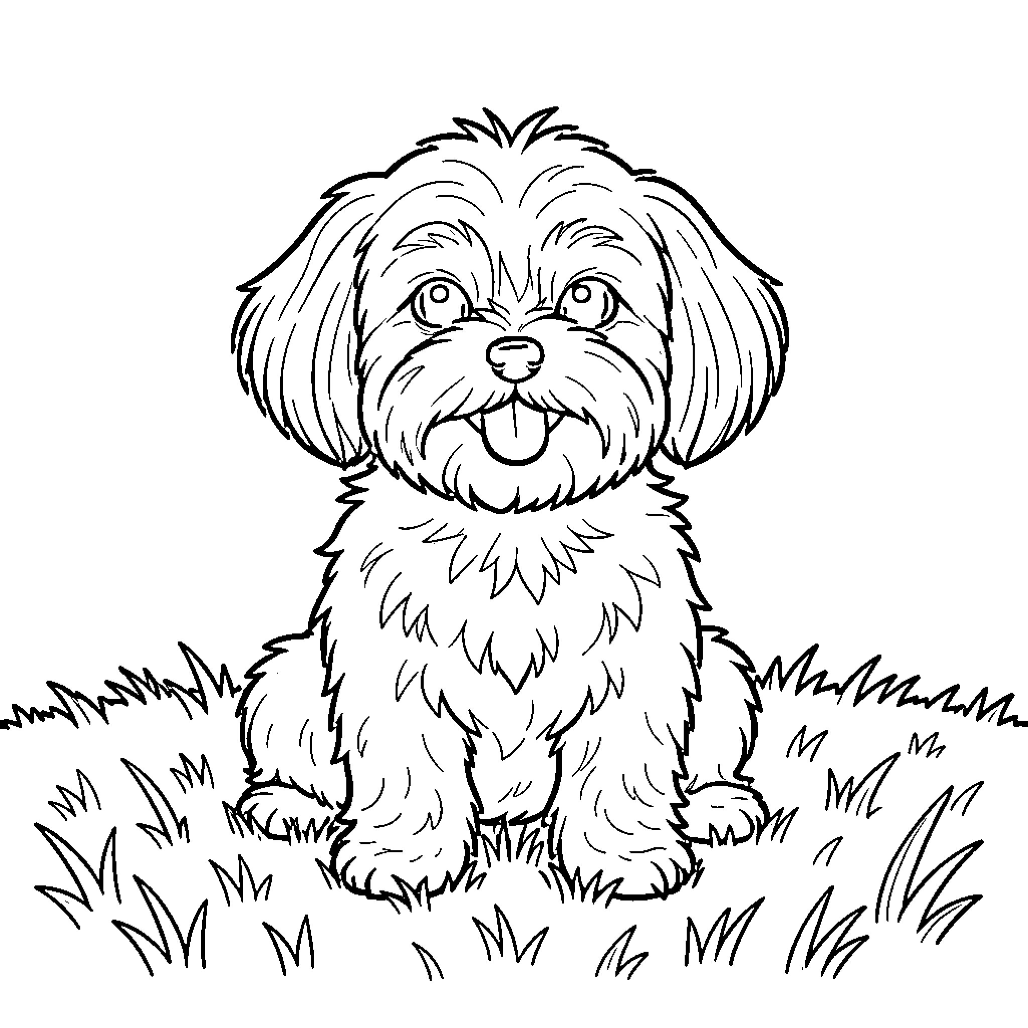 Dog sitting happily in the green grass Coloring Page (free black-and-white line drawing printable PDF for all, from beginners to advanced learners, including children, teens, adults, and seniors)