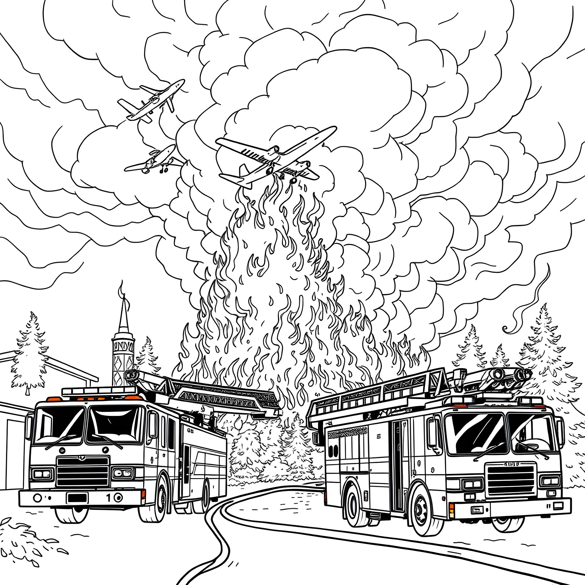 Fire Truck Responding to Emergency Situation Coloring Page (free black-and-white line drawing printable PDF for all, from beginners to advanced learners, including children, teens, adults, and seniors)