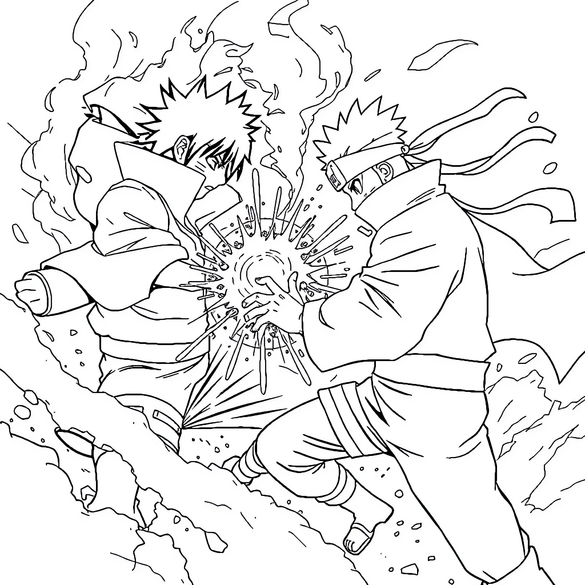 Sasuke unleashing powerful ninjutsu attack Coloring Page (free black-and-white line drawing printable PDF for all, from beginners to advanced learners, including children, teens, adults, and seniors)
