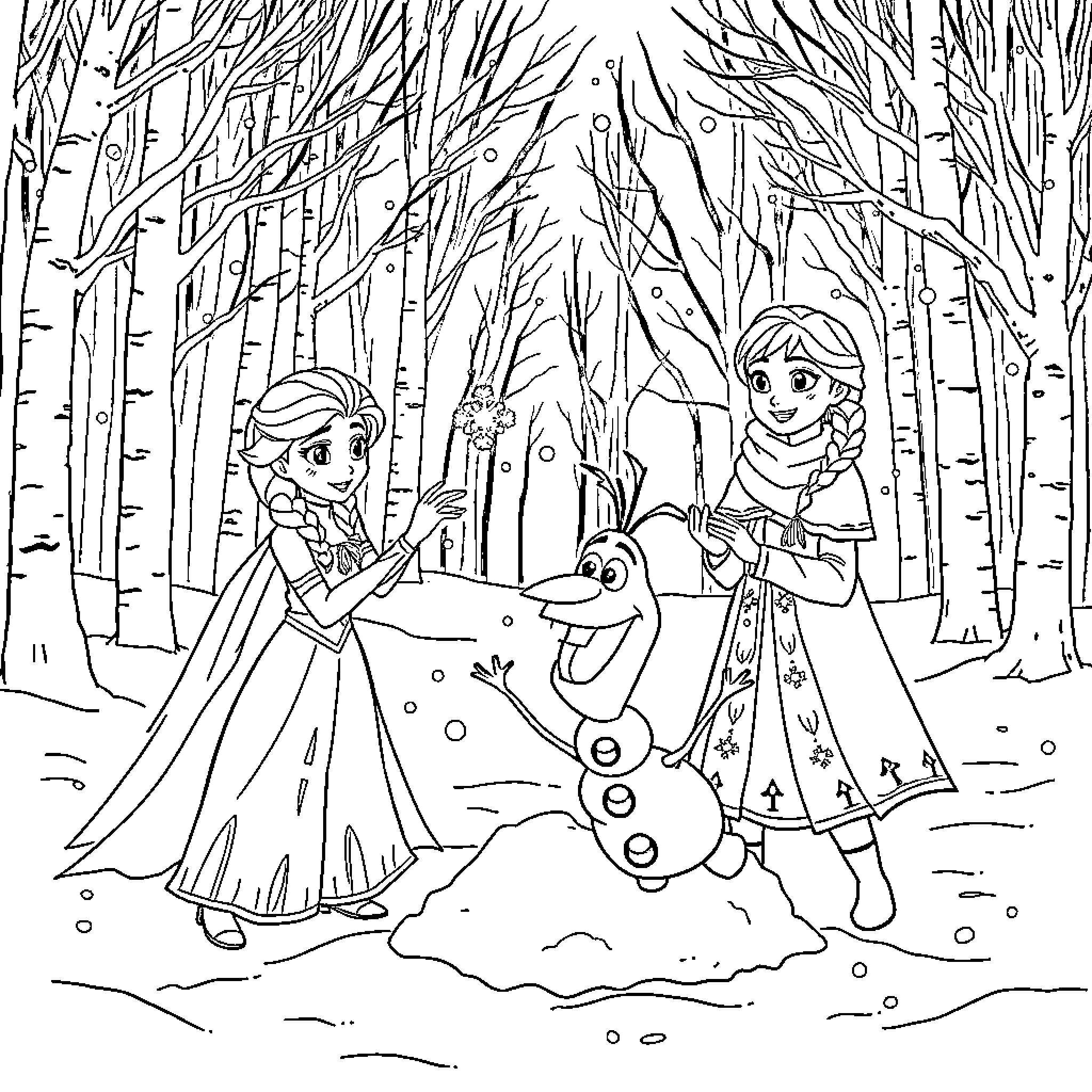 Elsa and Anna building a snowman in the winter forest Coloring Page (free black-and-white line drawing printable PDF for all, from beginners to advanced learners, including children, teens, adults, and seniors)