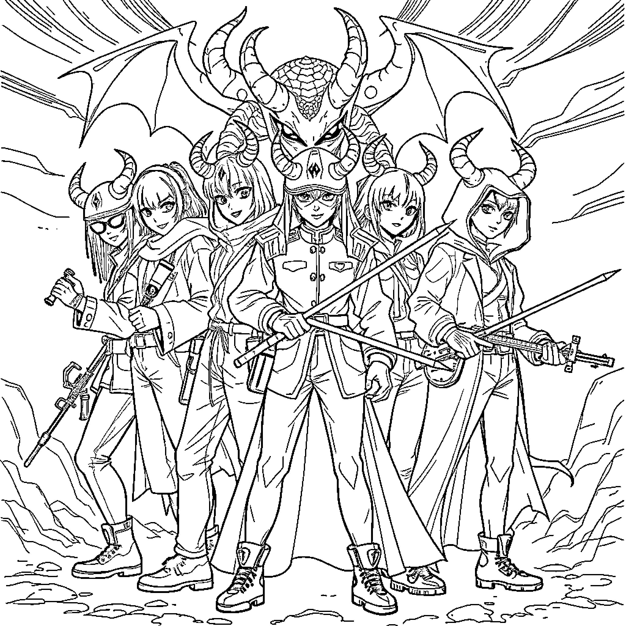 Demon Hunter Squad Facing Formidable Foe Coloring Page (free black-and-white line drawing printable PDF for all, from beginners to advanced learners, including children, teens, adults, and seniors)