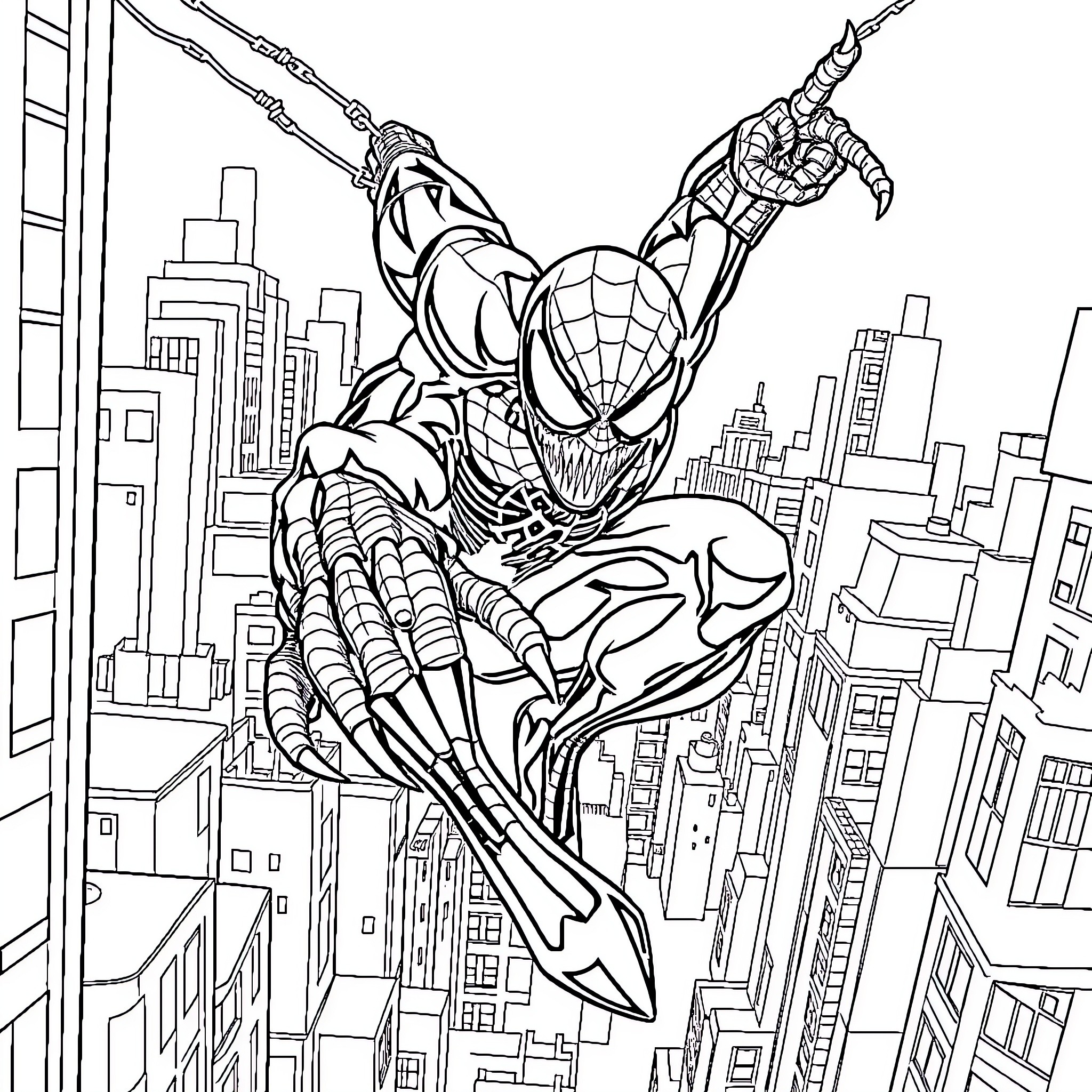 Spiderman swinging through the city skyline Coloring Page (free black-and-white line drawing printable PDF for all, from beginners to advanced learners, including children, teens, adults, and seniors)