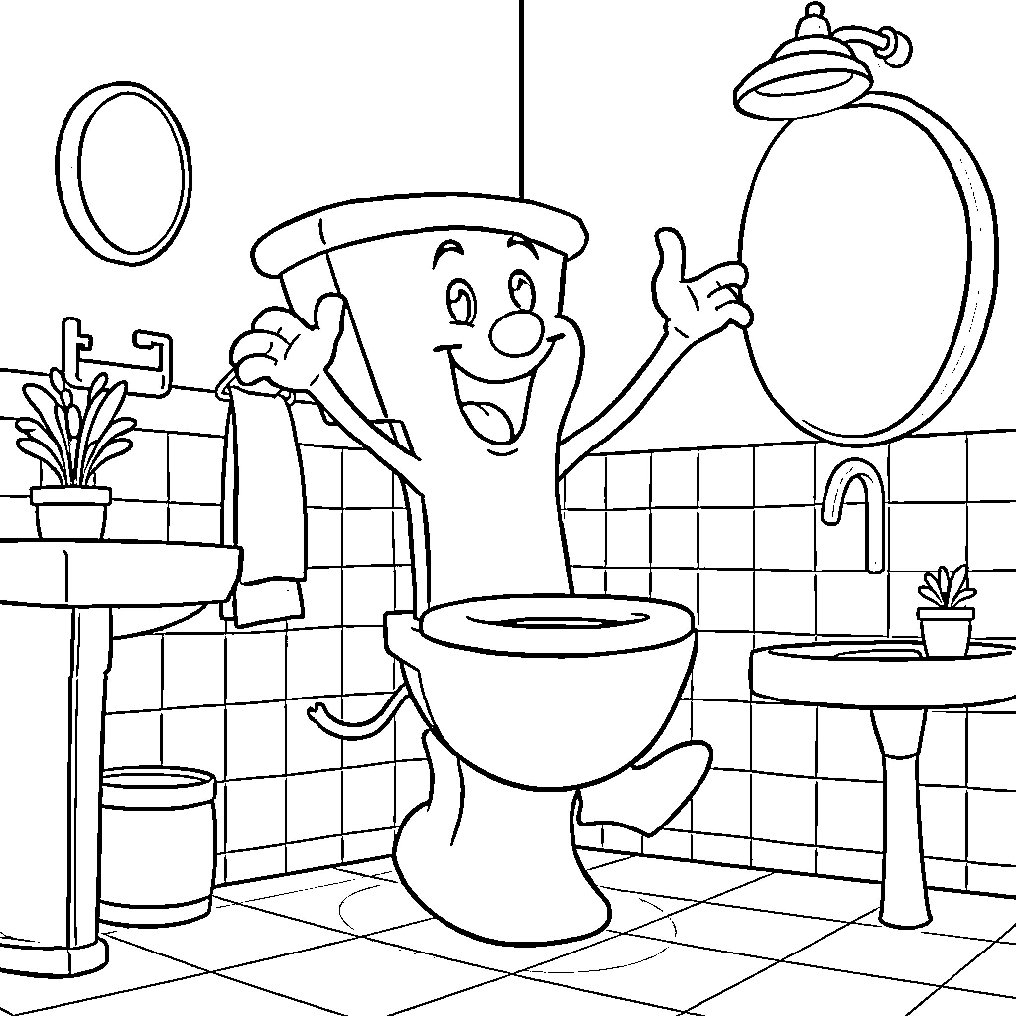 Skibidi Toilet Silly Plumber's Fun Antics Coloring Page (free black-and-white line drawing printable PDF for all, from beginners to advanced learners, including children, teens, adults, and seniors)
