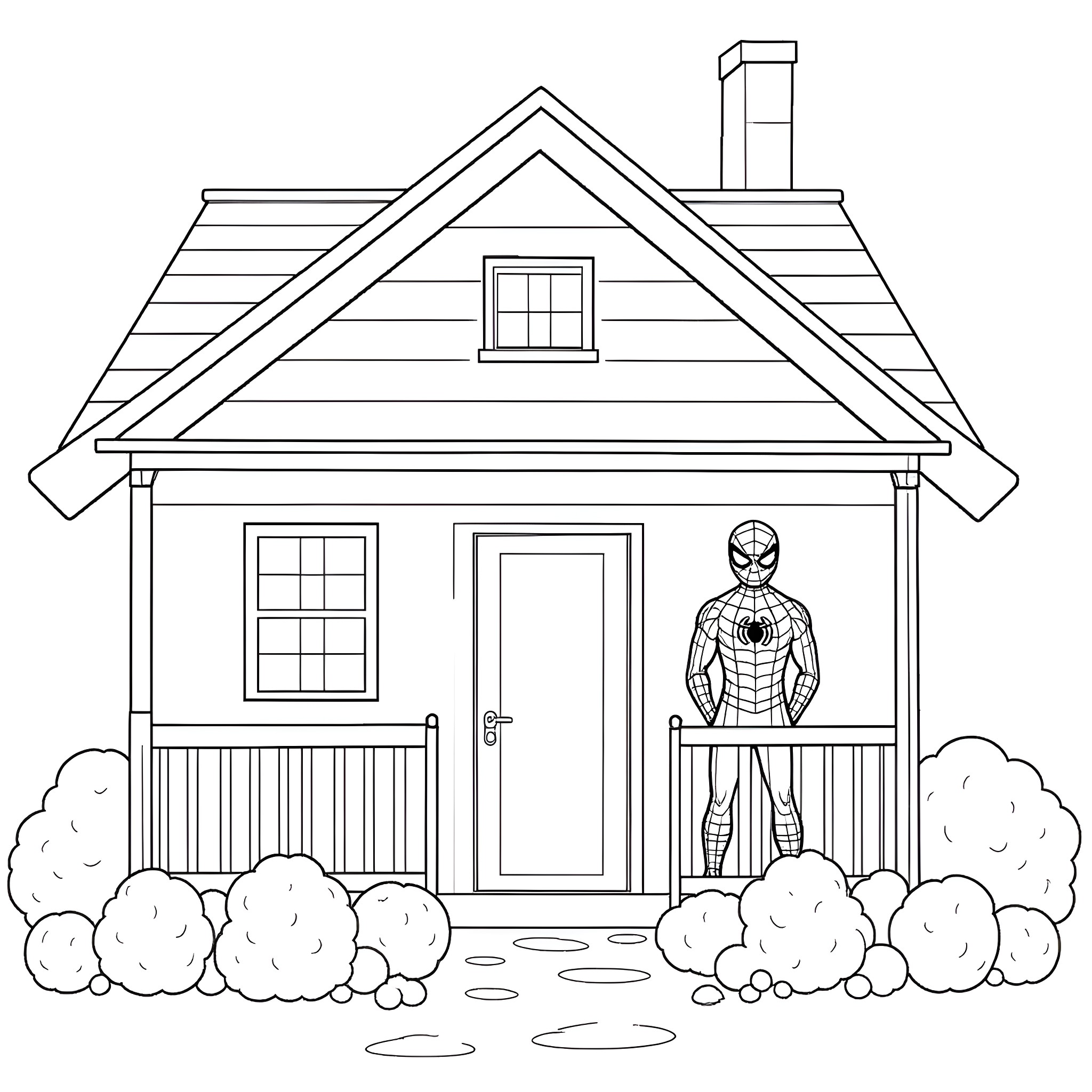 Spider-Man protecting the suburban home Coloring Page (free black-and-white line drawing printable PDF for all, from beginners to advanced learners, including children, teens, adults, and seniors)