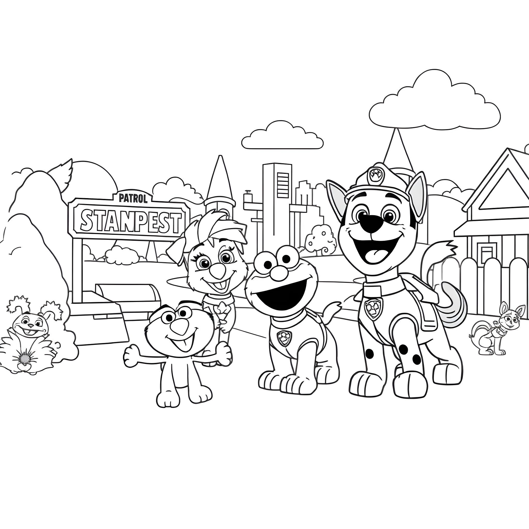 Paw Patrol Pups Explore the Cityscape Coloring Page (free black-and-white line drawing printable PDF for all, from beginners to advanced learners, including children, teens, adults, and seniors)