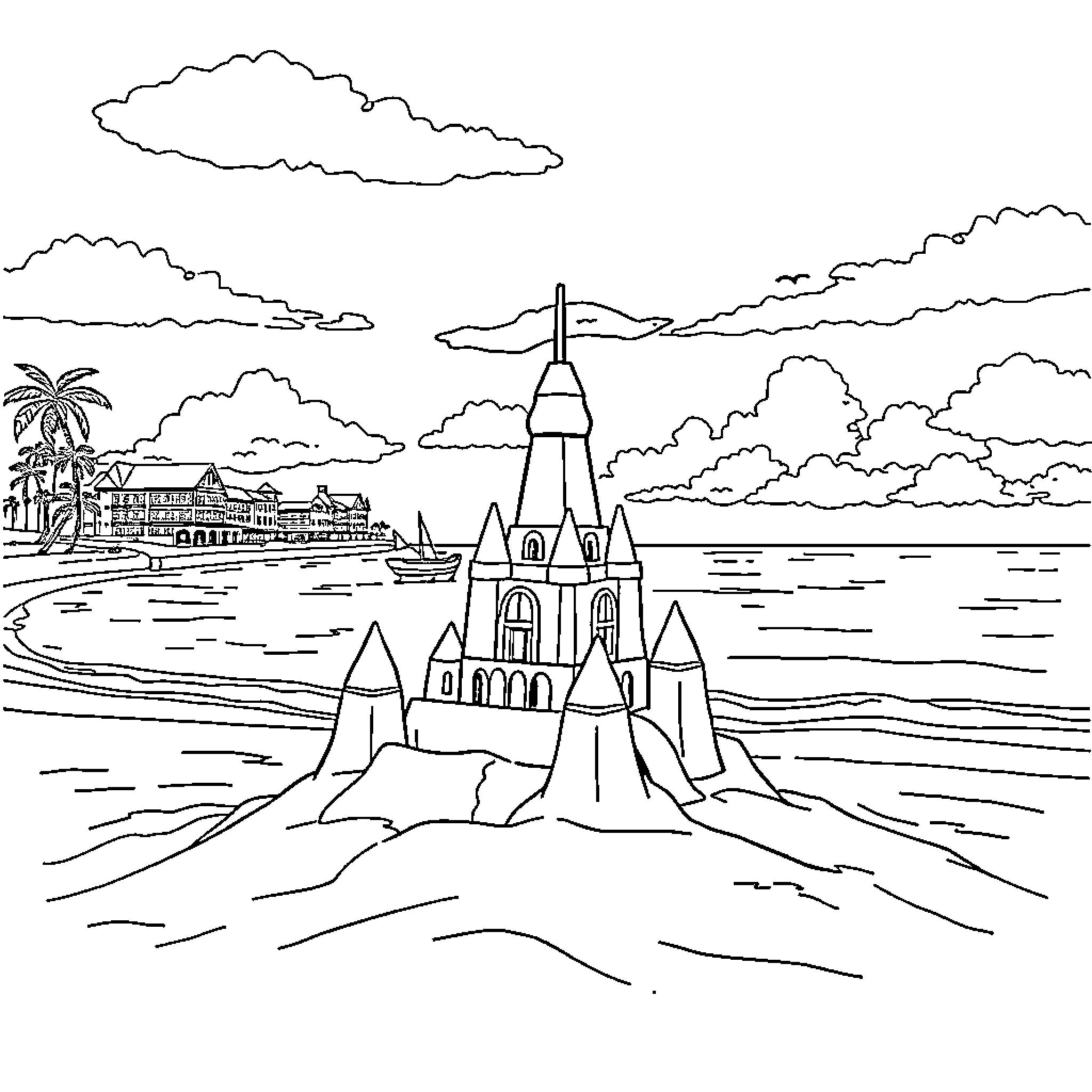 Sand Castle on the Beach with Towers and Palm Trees Coloring Page (free black-and-white line drawing printable PDF for all, from beginners to advanced learners, including children, teens, adults, and seniors)