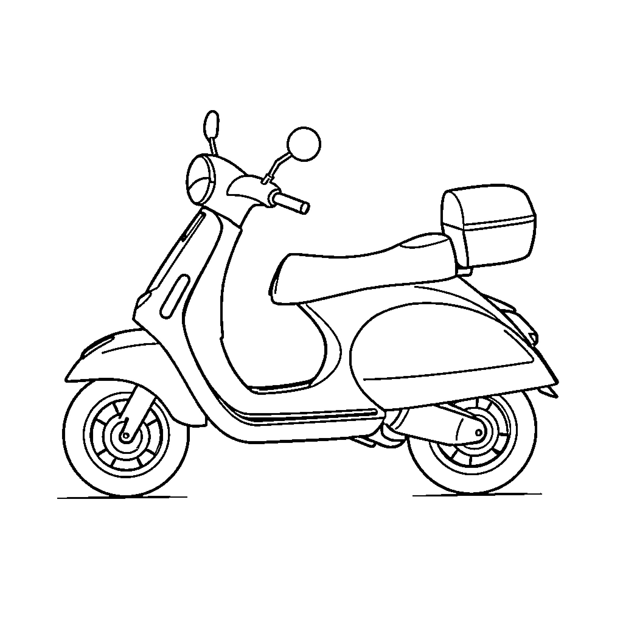 Vespa scooter in minimalist line art style Coloring Page (free black-and-white line drawing printable PDF for all, from beginners to advanced learners, including children, teens, adults, and seniors)