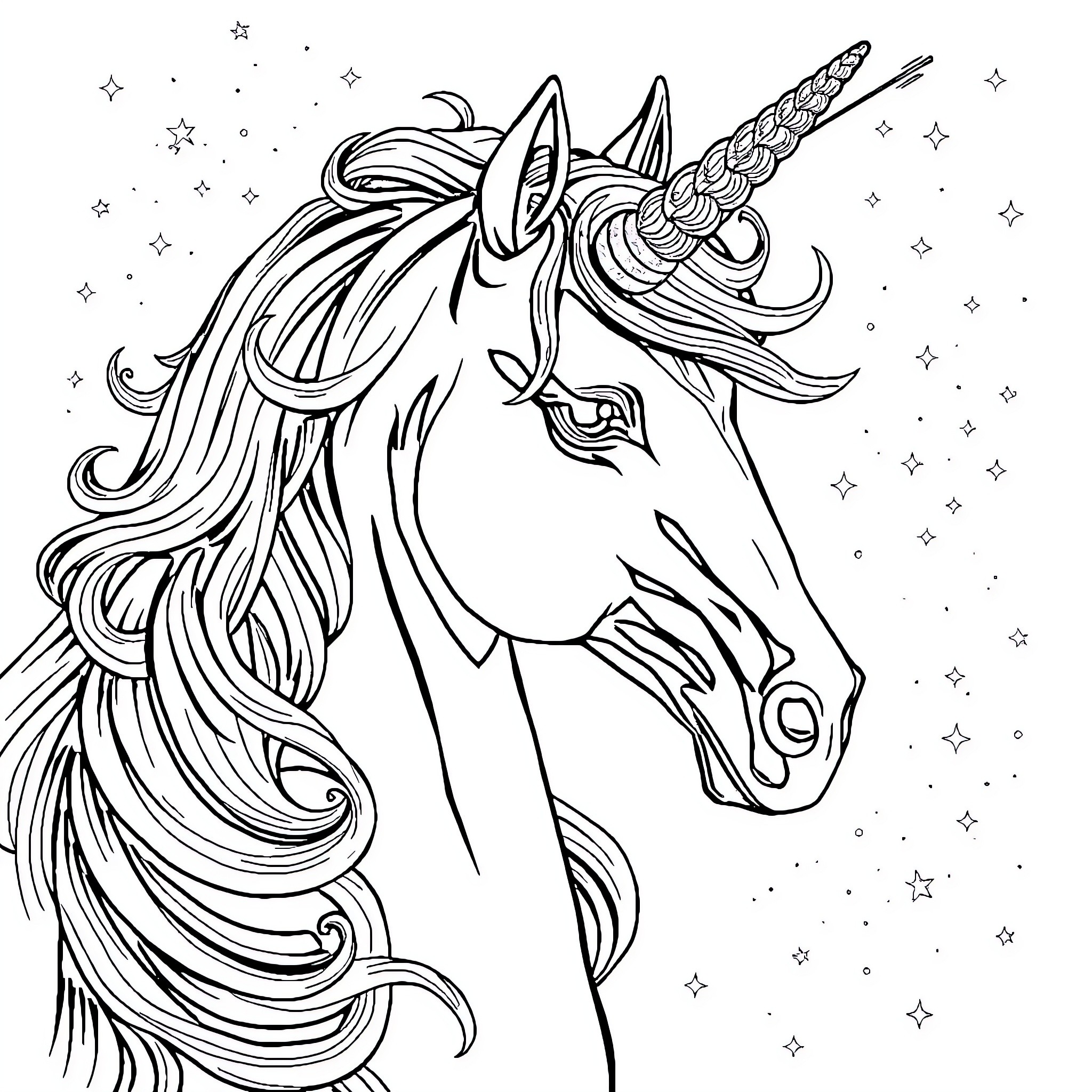Mermaid unicorn gazing at the starry night Coloring Page (free black-and-white line drawing printable PDF for all, from beginners to advanced learners, including children, teens, adults, and seniors)