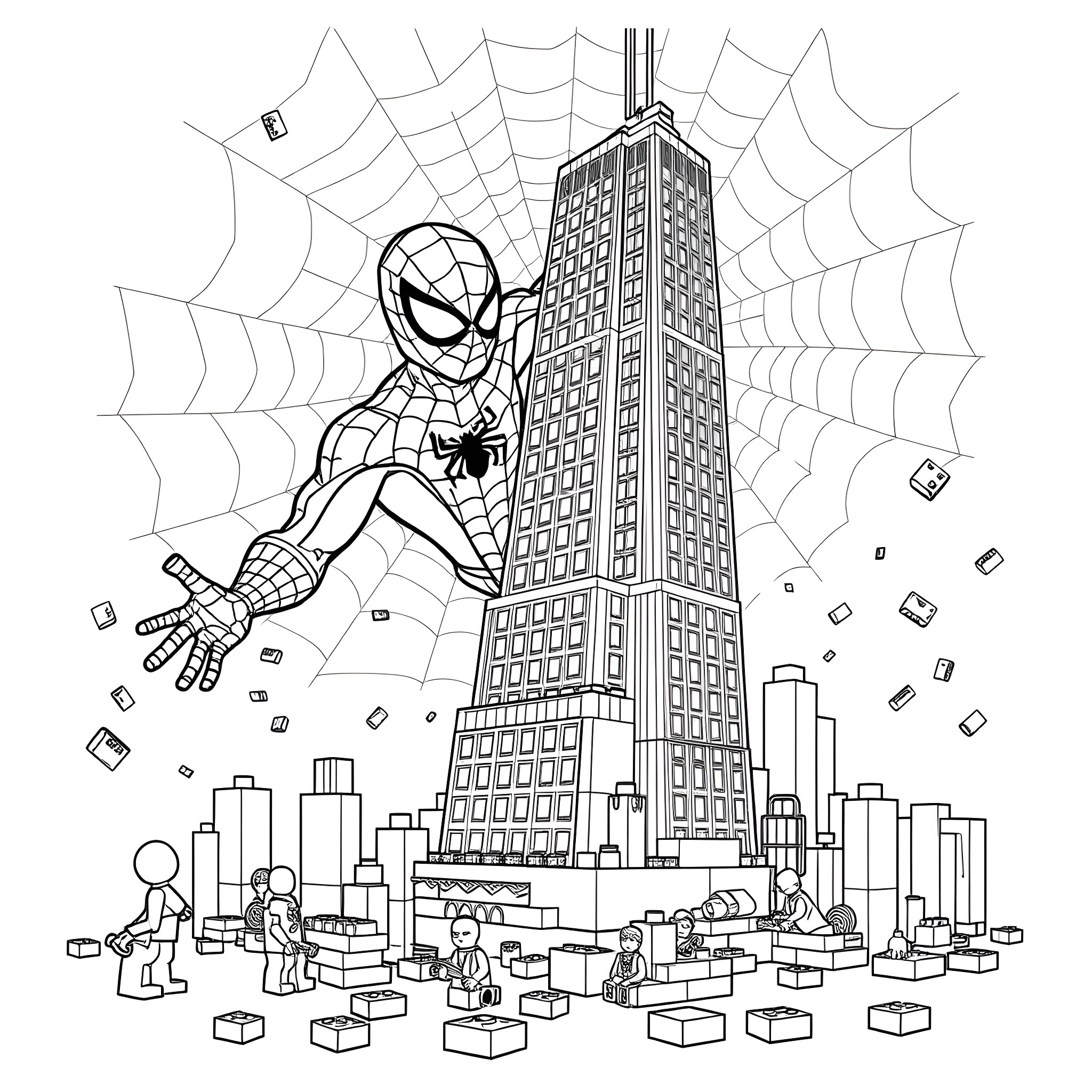 Spider-Man swinging through the city Coloring Page (free black-and-white line drawing printable PDF for all, from beginners to advanced learners, including children, teens, adults, and seniors)