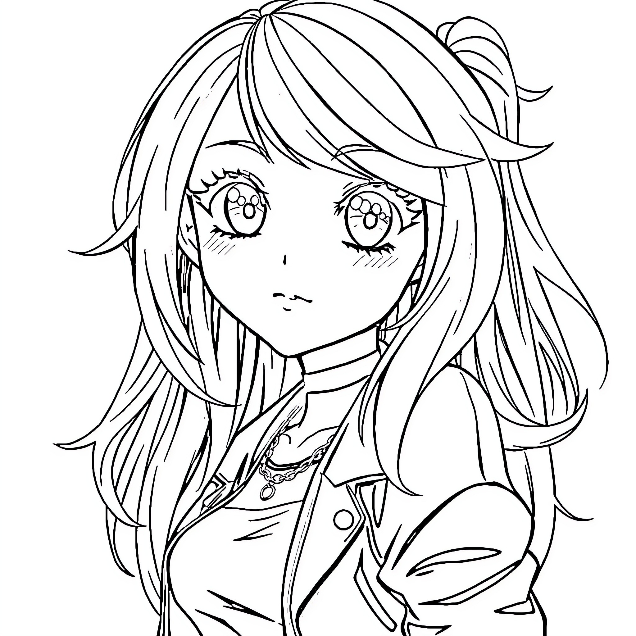 Anime Girl with Expressive Eyes and Long Hair Coloring Page (free black-and-white line drawing printable PDF for all, from beginners to advanced learners, including children, teens, adults, and seniors)