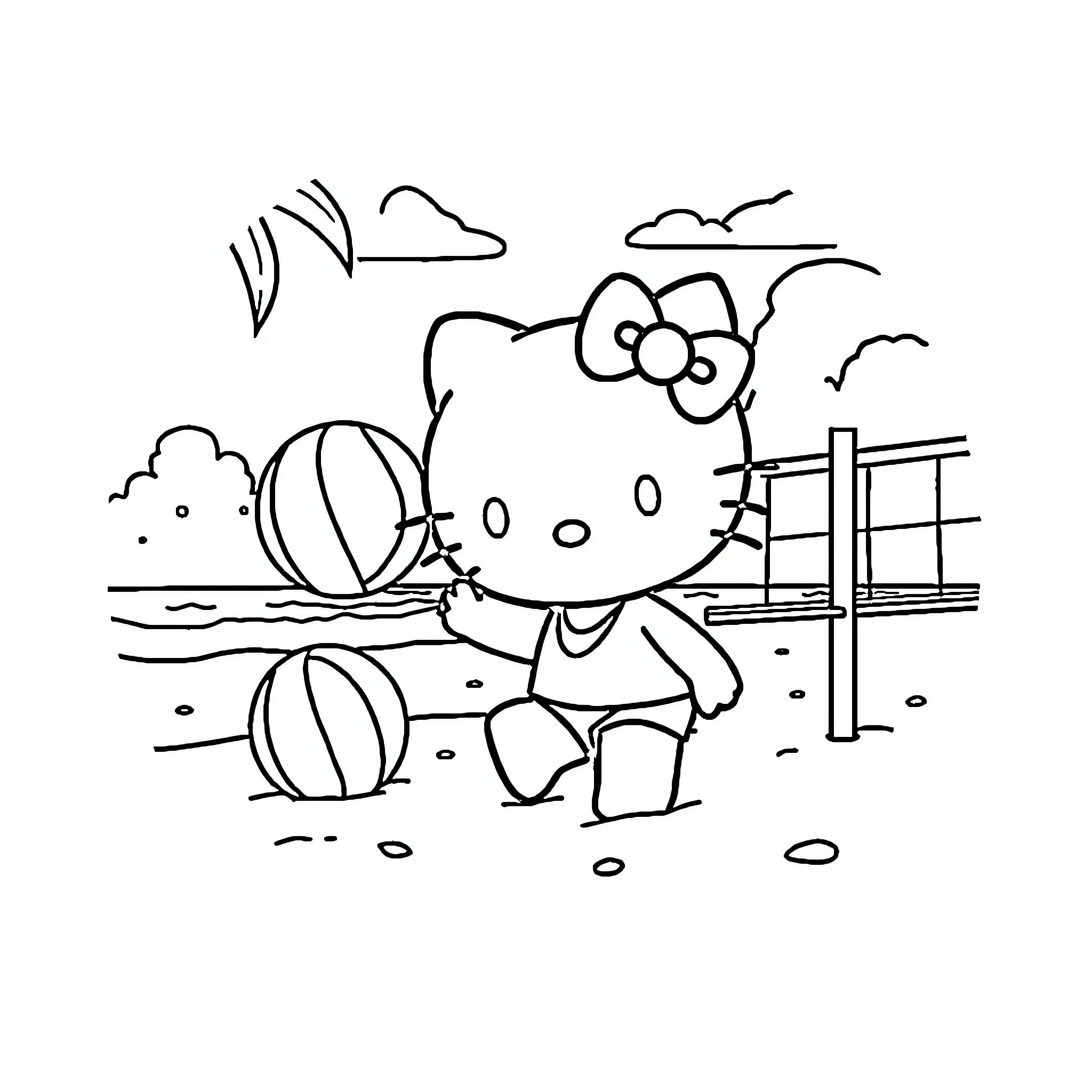Hello Kitty at the Beach with Beach Balls Coloring Page (free black-and-white line drawing printable PDF for all, from beginners to advanced learners, including children, teens, adults, and seniors)
