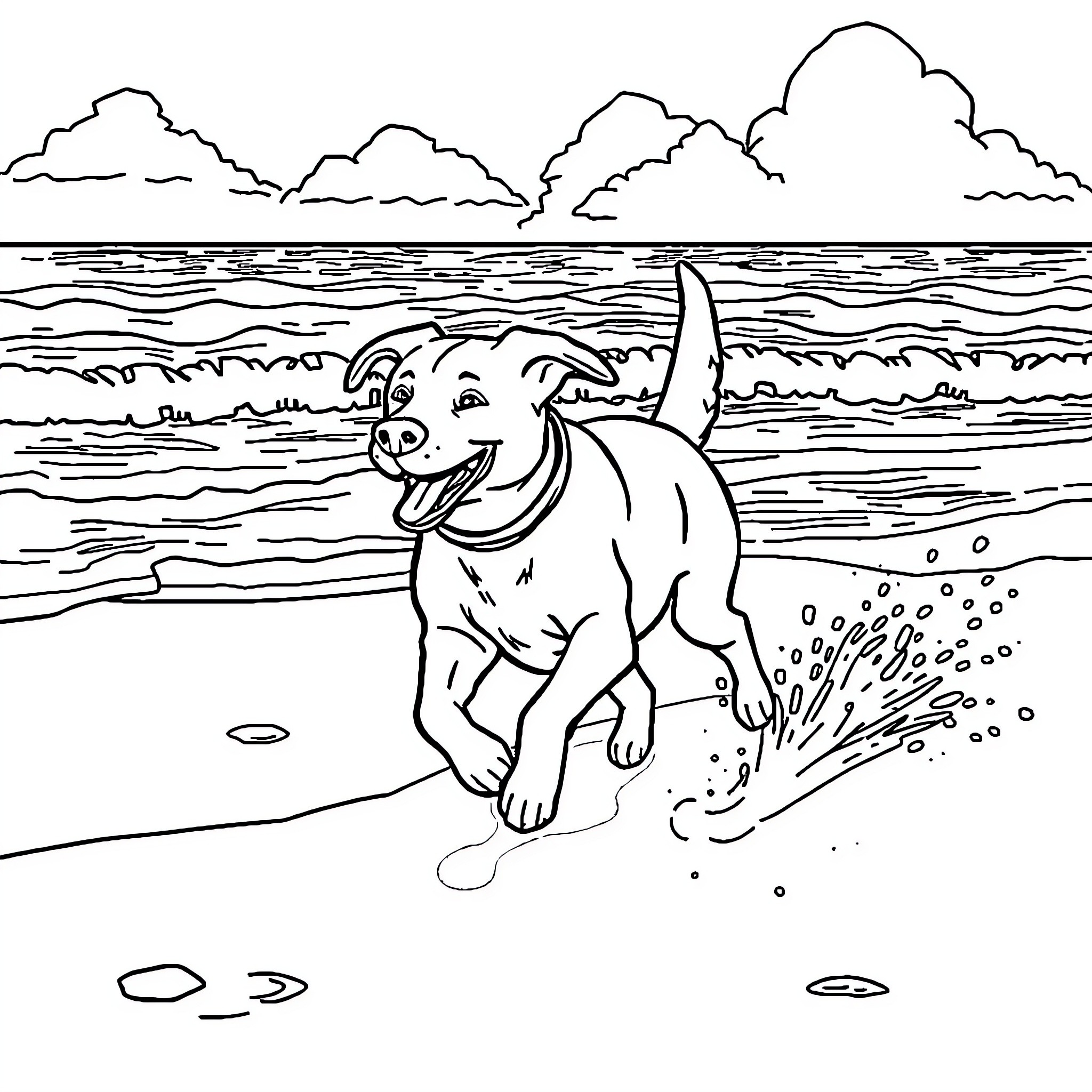 Dog playing joyfully at the beach Coloring Page (free black-and-white line drawing printable PDF for all, from beginners to advanced learners, including children, teens, adults, and seniors)