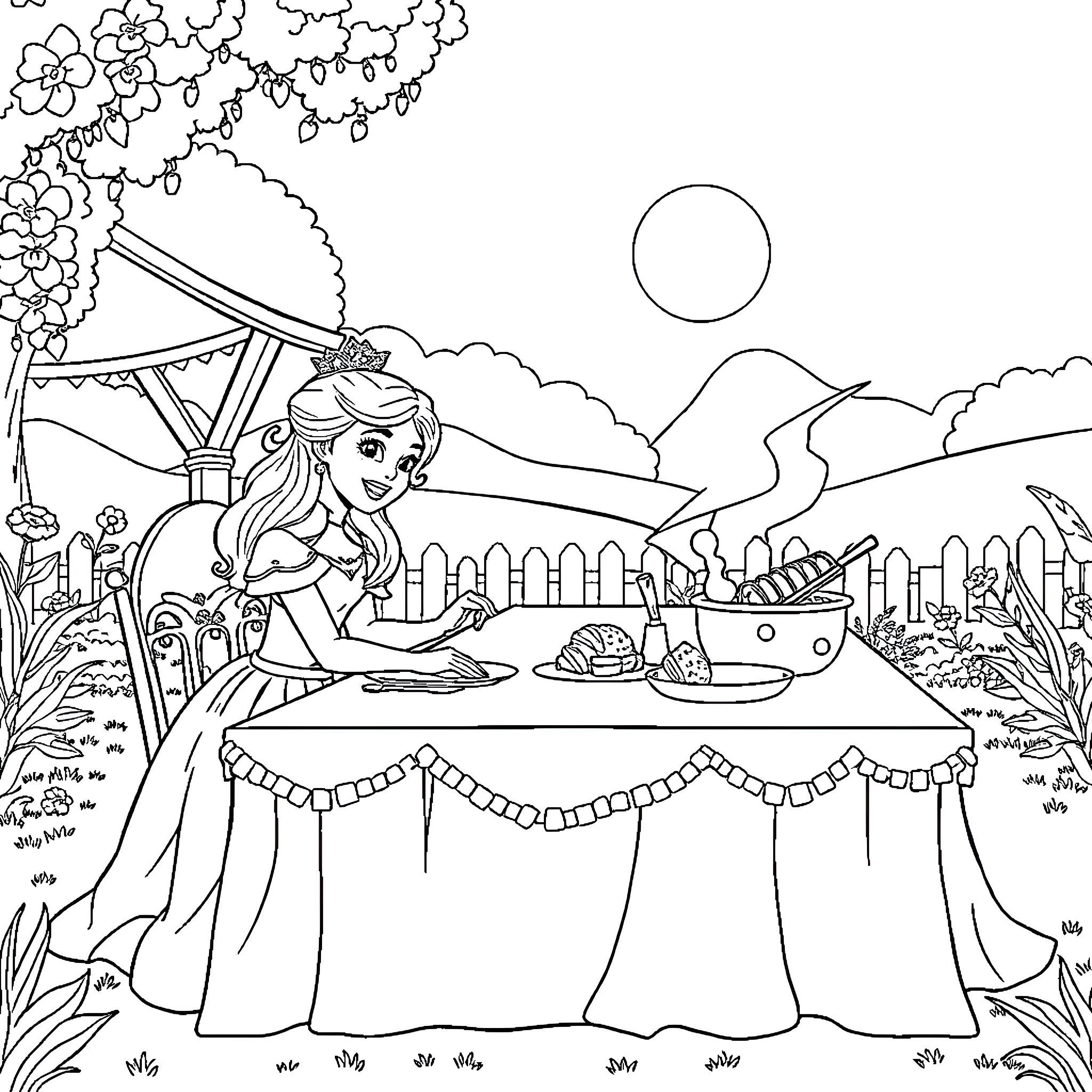 Princess Enjoying a Picnic in the Park Coloring Page (free black-and-white line drawing printable PDF for all, from beginners to advanced learners, including children, teens, adults, and seniors)