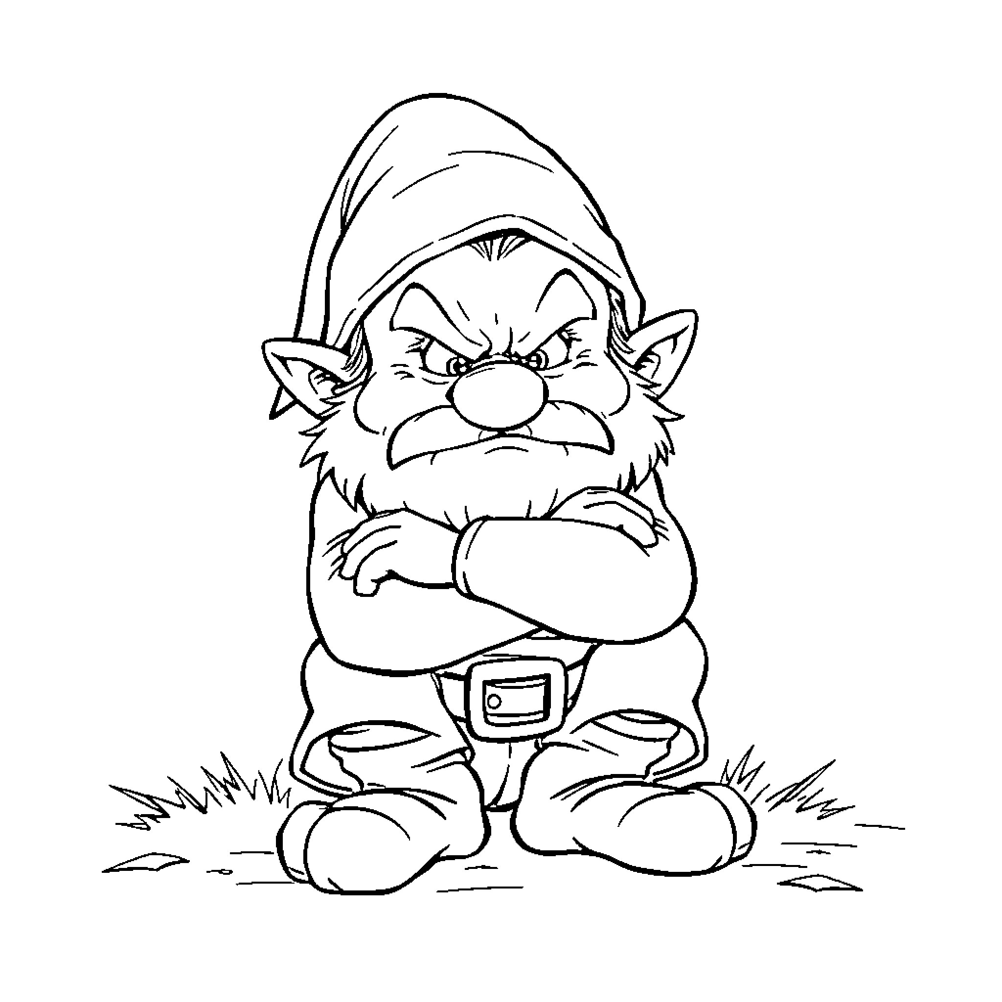 Dwarf with crossed arms in nature Coloring Page (free black-and-white line drawing printable PDF for all, from beginners to advanced learners, including children, teens, adults, and seniors)