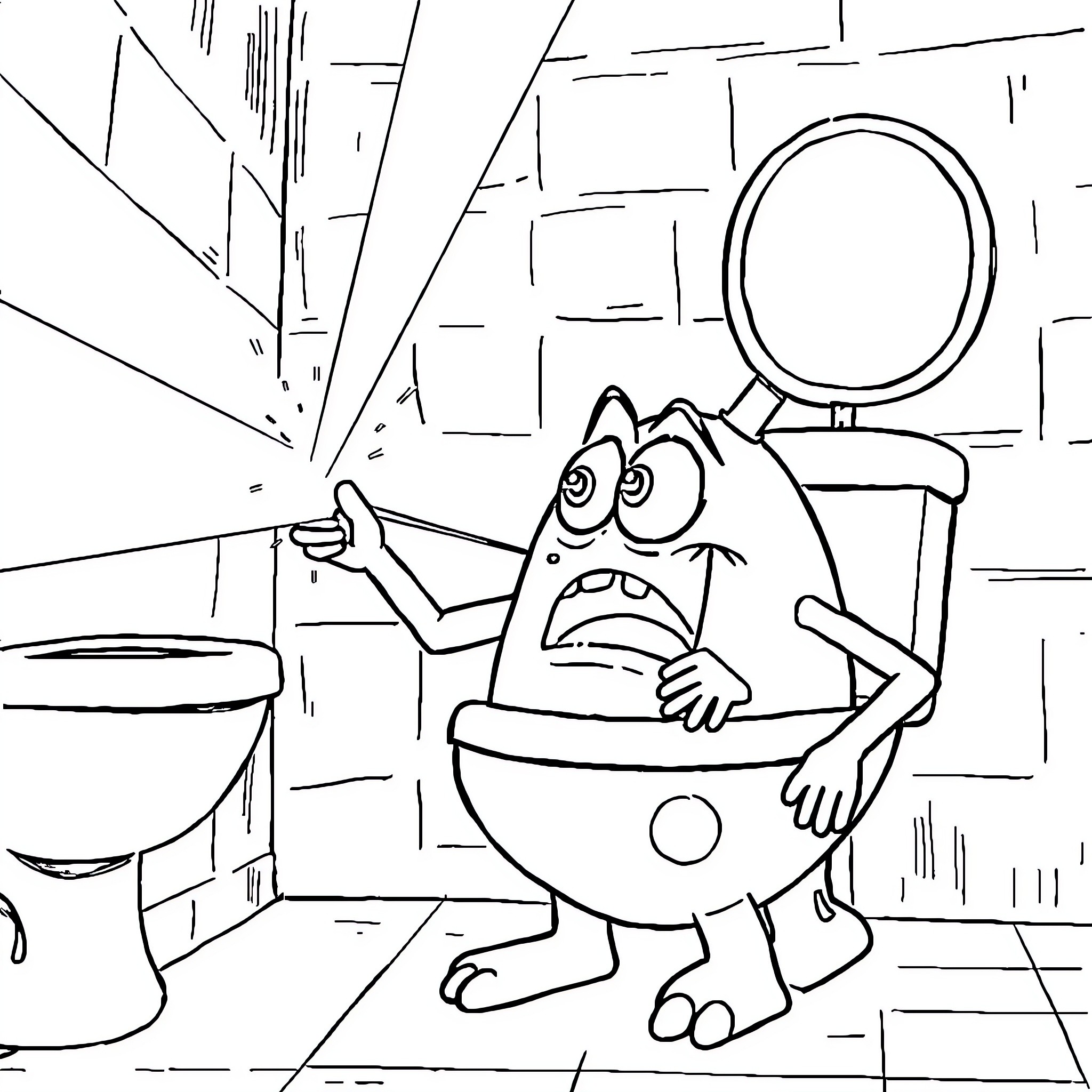 Skibidi Toilet Monster Staring at Toilet Bowl Coloring Page (free black-and-white line drawing printable PDF for all, from beginners to advanced learners, including children, teens, adults, and seniors)