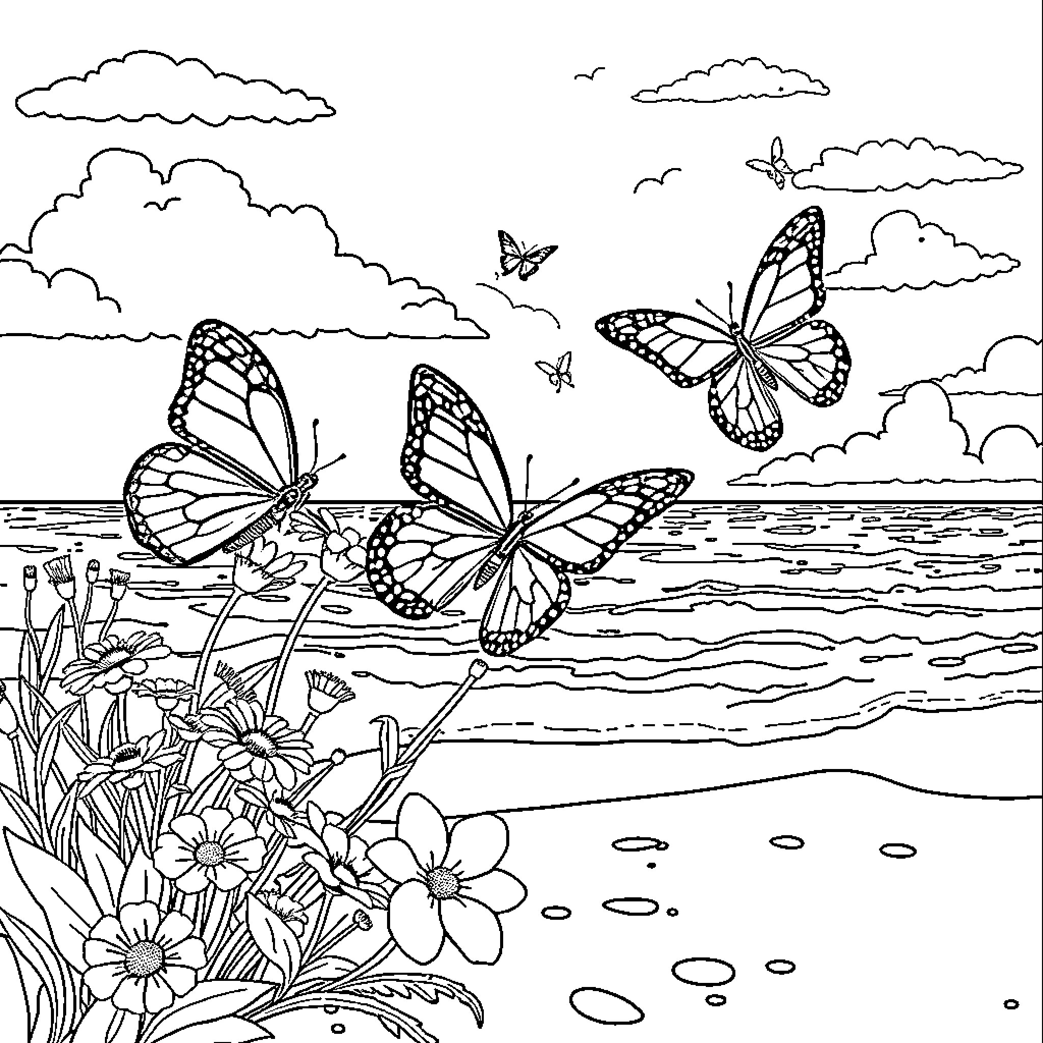 Butterflies dancing in the clouds above the field Coloring Page (free black-and-white line drawing printable PDF for all, from beginners to advanced learners, including children, teens, adults, and seniors)