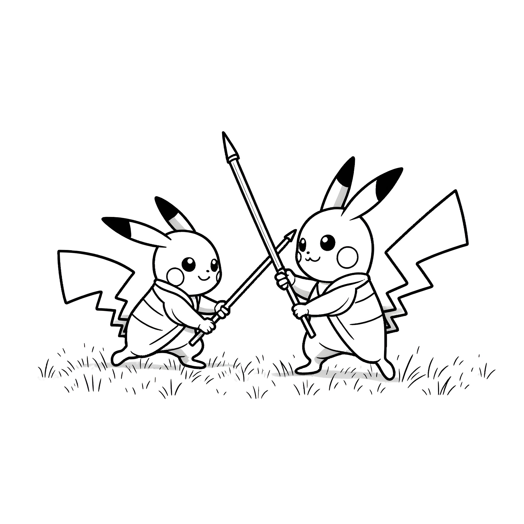 Pikachu characters engaged in playful sparring Coloring Page (free black-and-white line drawing printable PDF for all, from beginners to advanced learners, including children, teens, adults, and seniors)