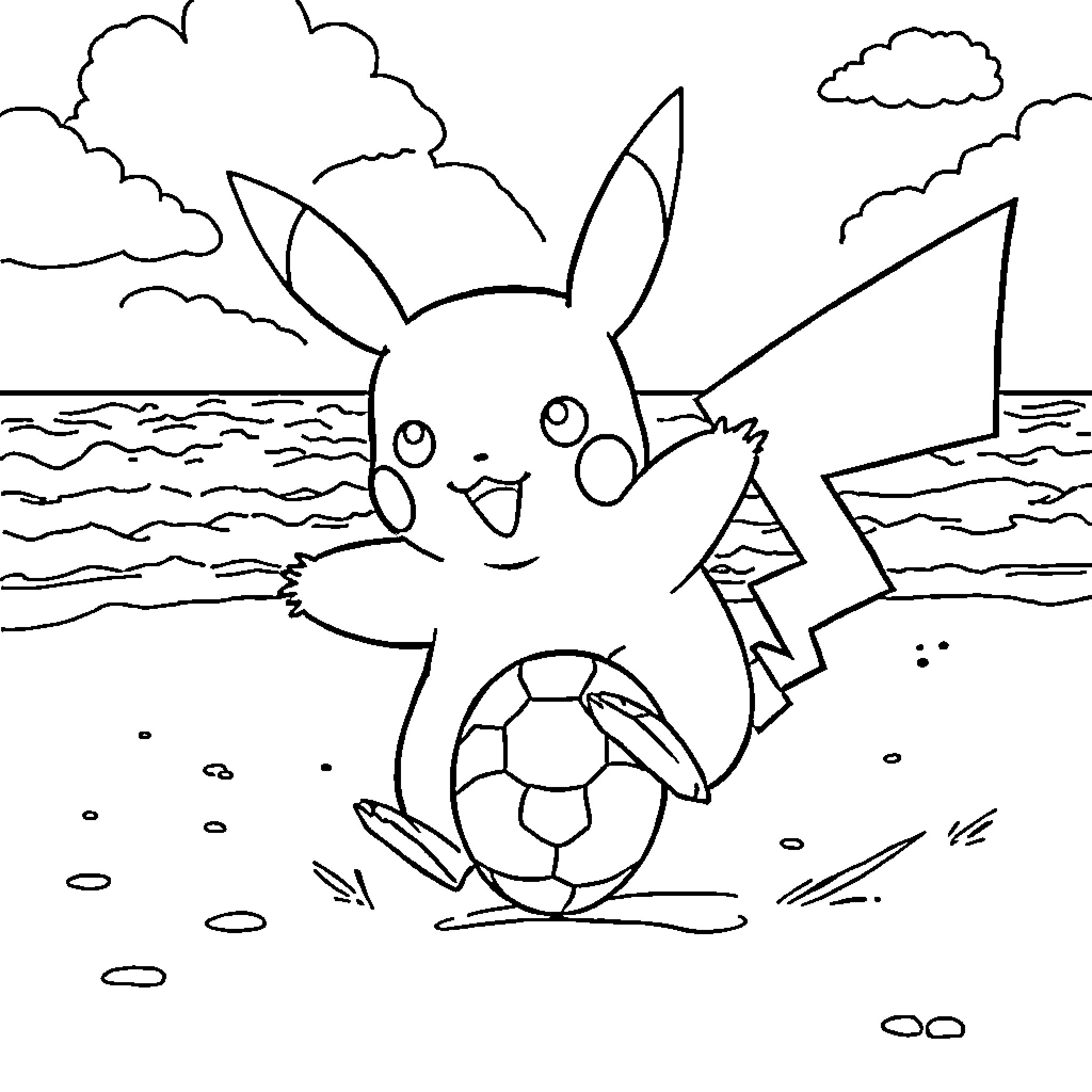Pikachu playing with soccer ball on the beach Coloring Page (free black-and-white line drawing printable PDF for all, from beginners to advanced learners, including children, teens, adults, and seniors)