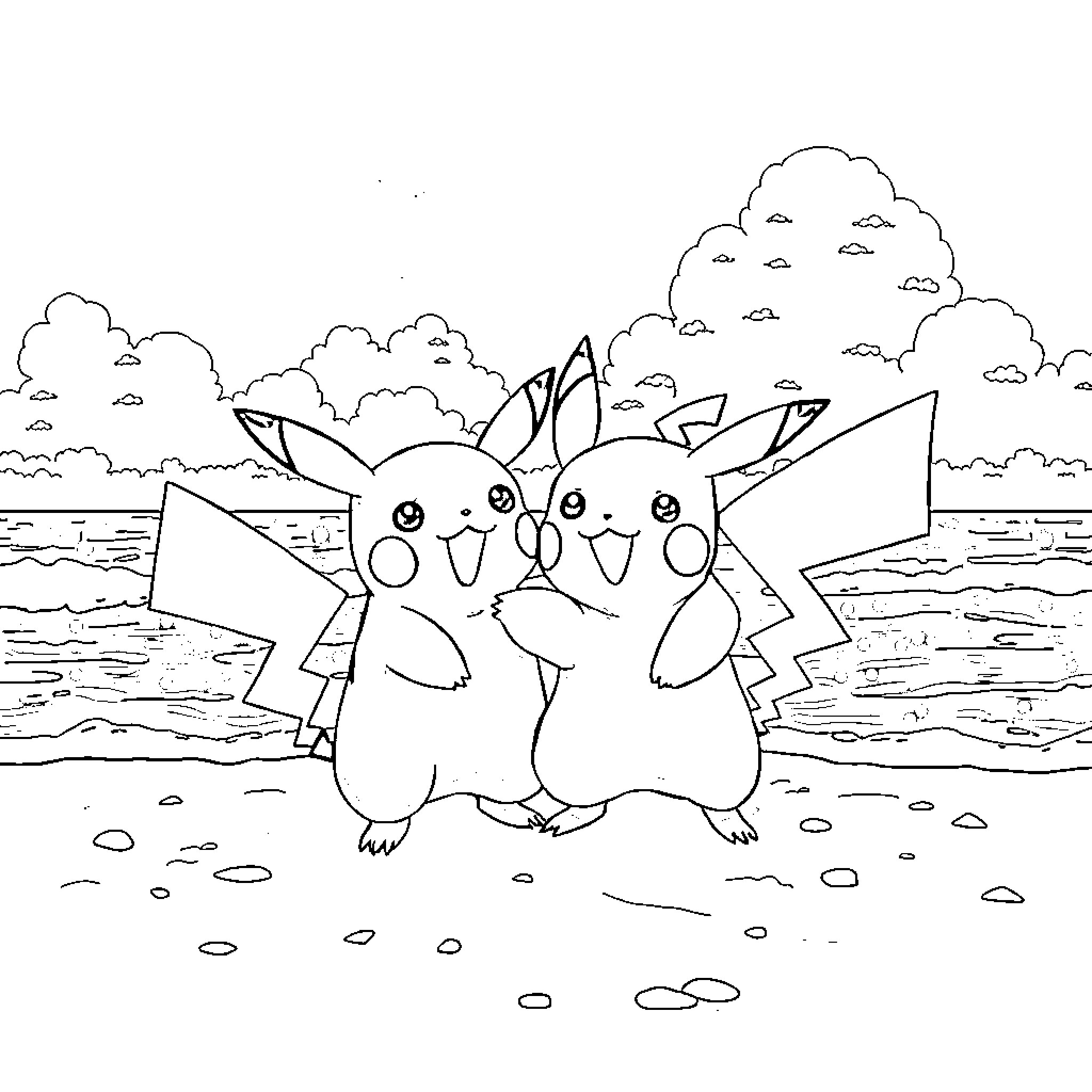 Pikachu having fun with a friend in nature Coloring Page (free black-and-white line drawing printable PDF for all, from beginners to advanced learners, including children, teens, adults, and seniors)
