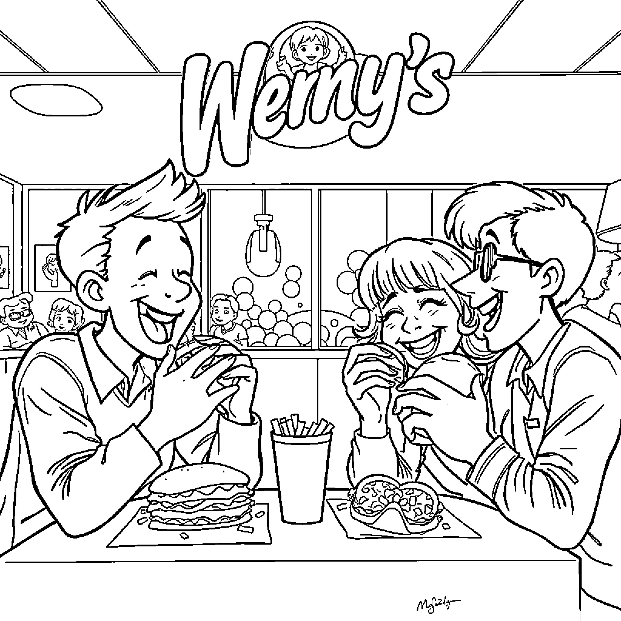 Cast Enjoying Burgers and Drinks at Weny's Coloring Page (free black-and-white line drawing printable PDF for all, from beginners to advanced learners, including children, teens, adults, and seniors)