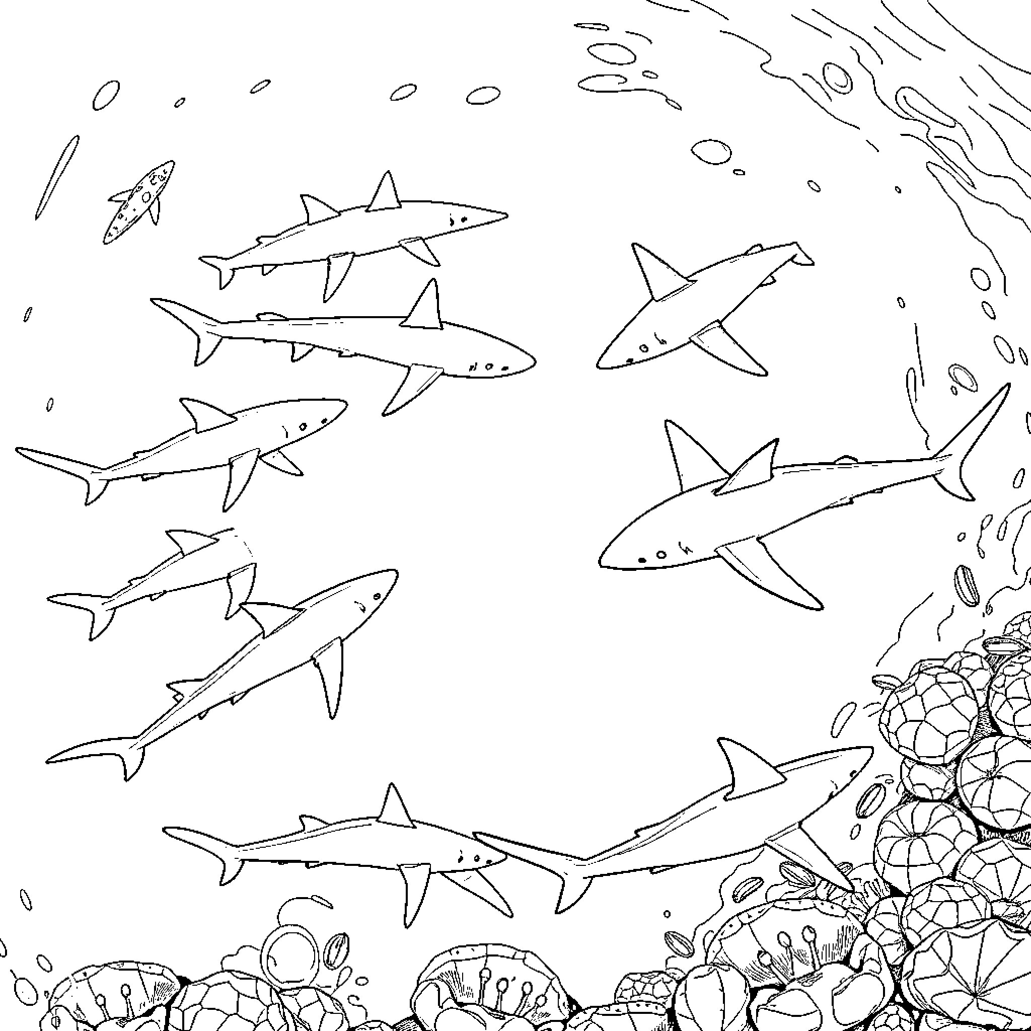 Sharks swimming in the ocean Coloring Page (free black-and-white line drawing printable PDF for all, from beginners to advanced learners, including children, teens, adults, and seniors)