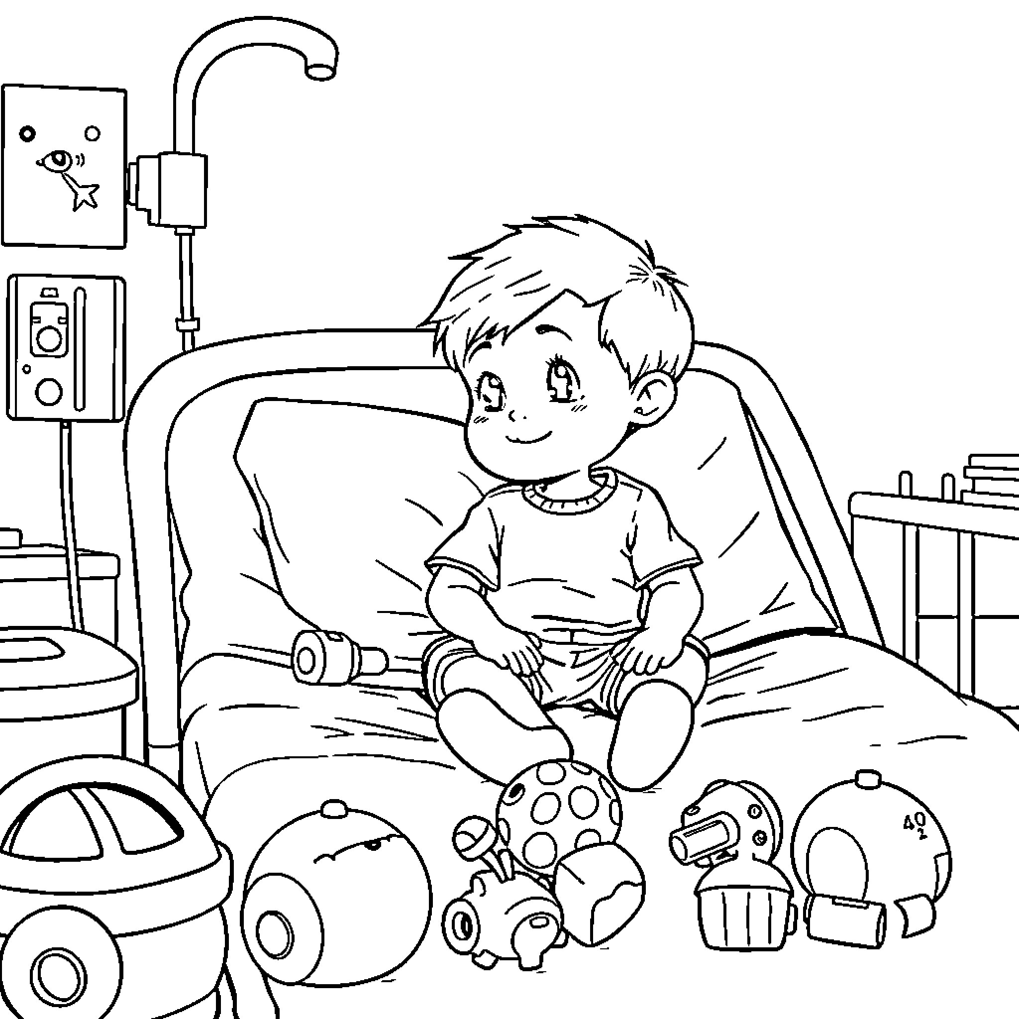 Kid resting in hospital bed with toys Coloring Page (free black-and-white line drawing printable PDF for all, from beginners to advanced learners, including children, teens, adults, and seniors)