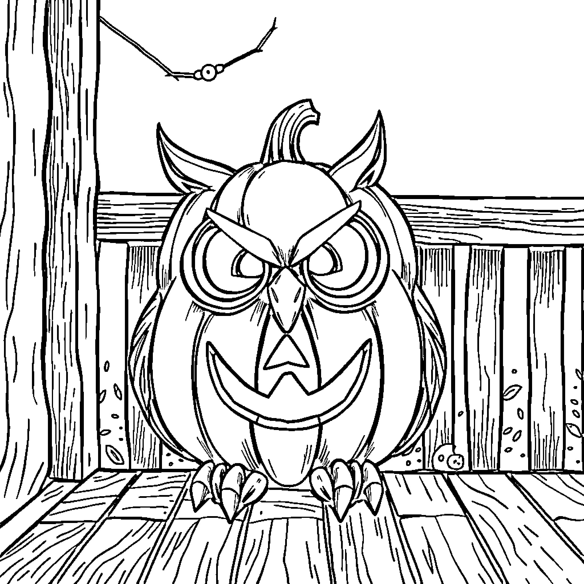 Owl peering through wooden planks Coloring Page (free black-and-white line drawing printable PDF for all, from beginners to advanced learners, including children, teens, adults, and seniors)