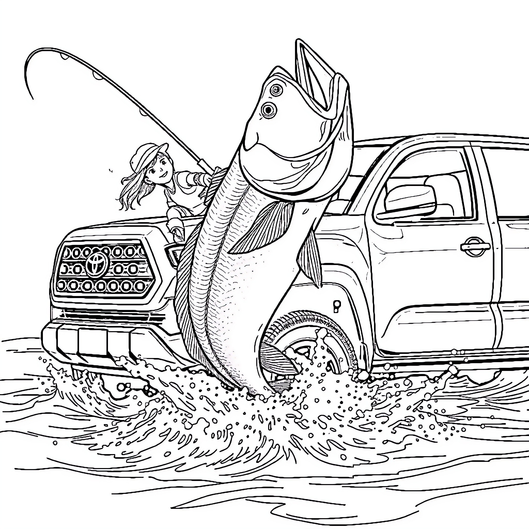 Girl Fishing Excitedly with Giant Catch Coloring Page (free black-and-white line drawing printable PDF for all, from beginners to advanced learners, including children, teens, adults, and seniors)