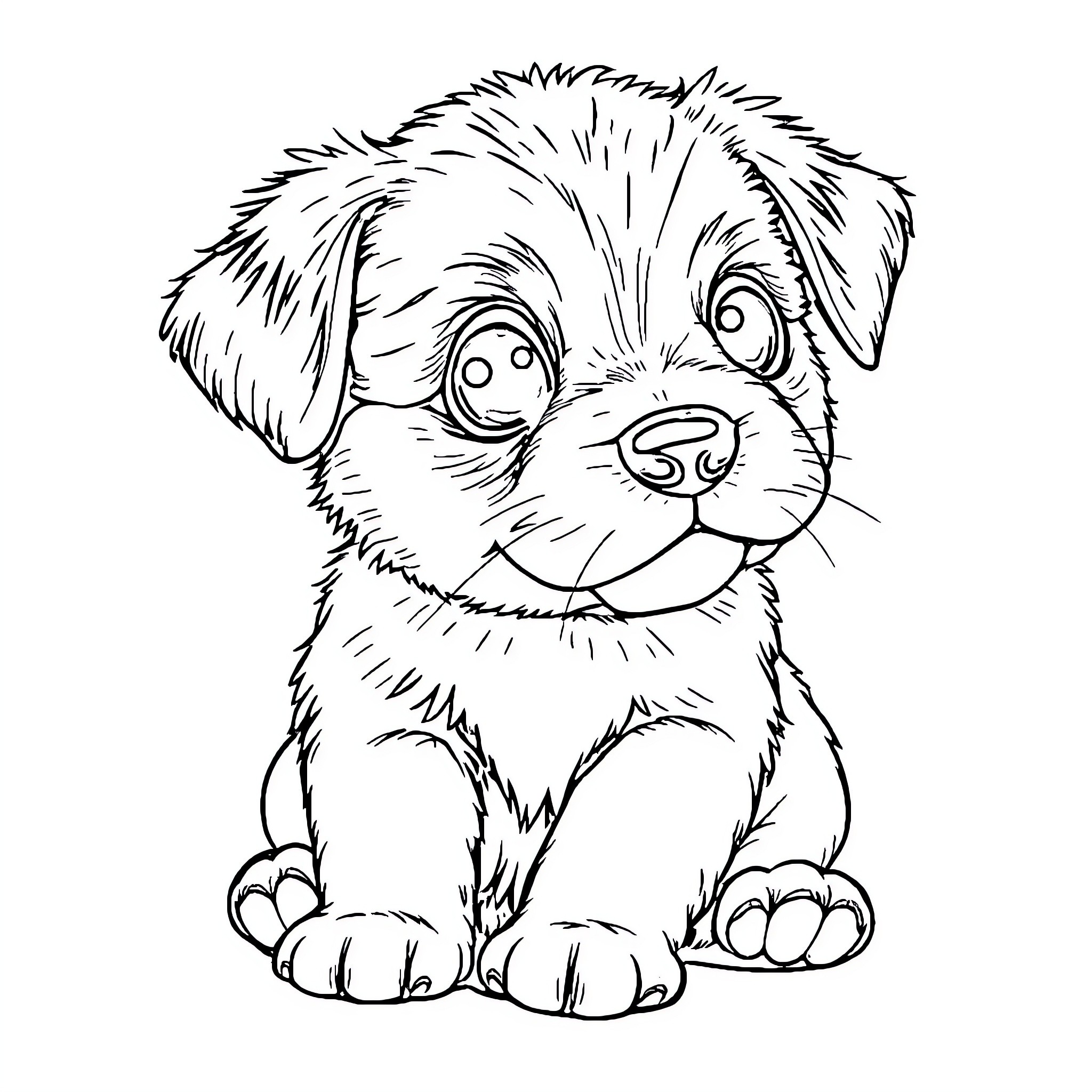 Puppy with an endearing expression Coloring Page (free black-and-white line drawing printable PDF for all, from beginners to advanced learners, including children, teens, adults, and seniors)