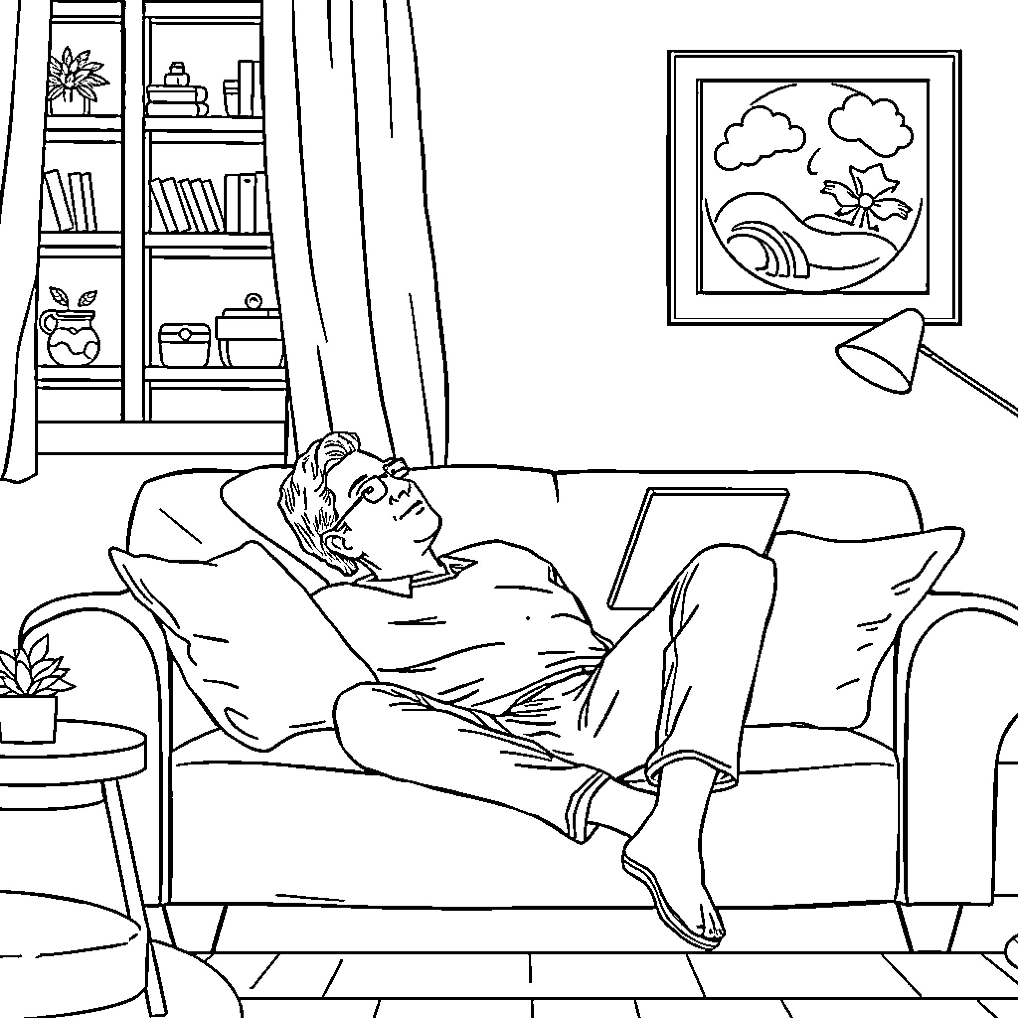 Man resting peacefully on couch at home Coloring Page (free black-and-white line drawing printable PDF for all, from beginners to advanced learners, including children, teens, adults, and seniors)