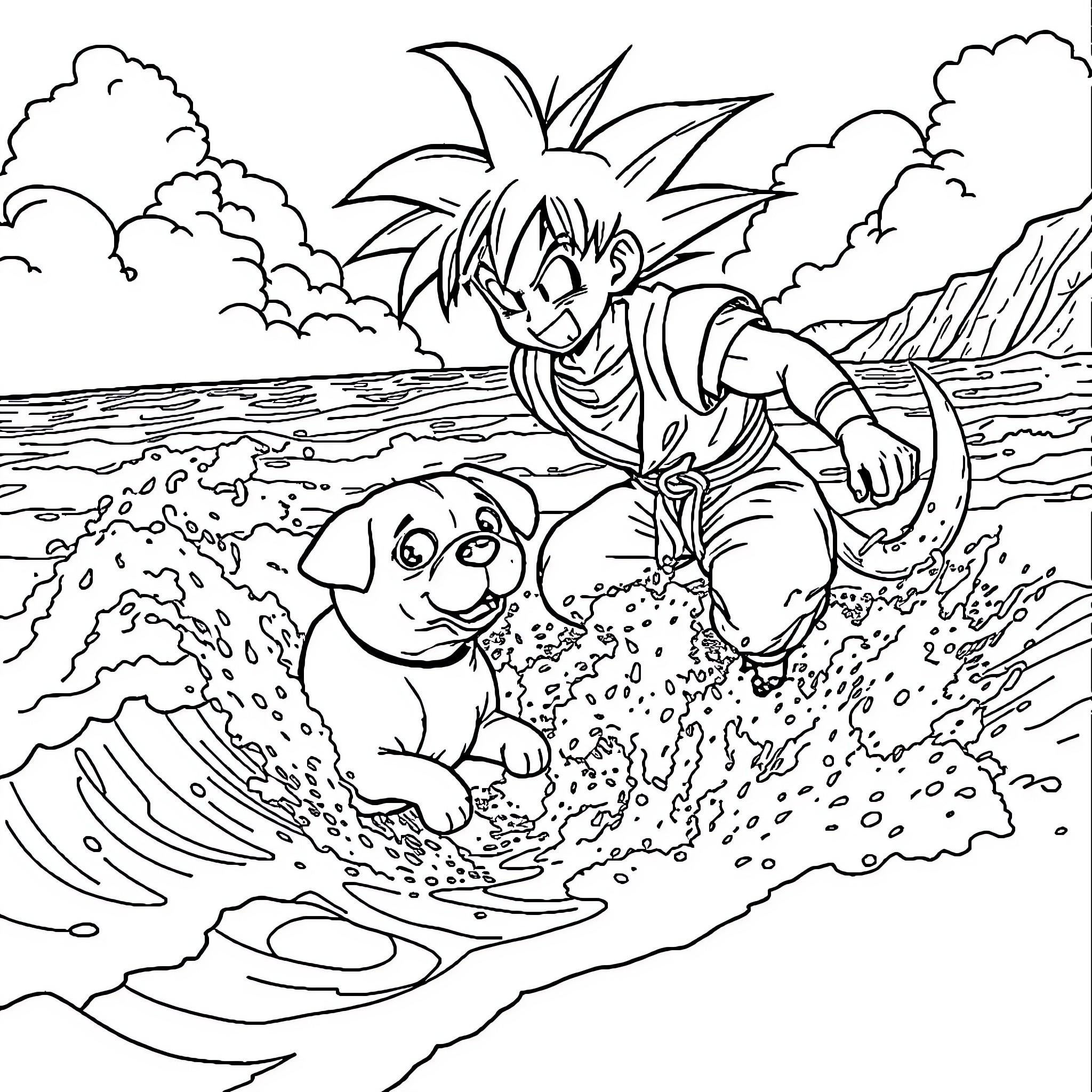 Dog and boy playing in the waves Coloring Page (free black-and-white line drawing printable PDF for all, from beginners to advanced learners, including children, teens, adults, and seniors)