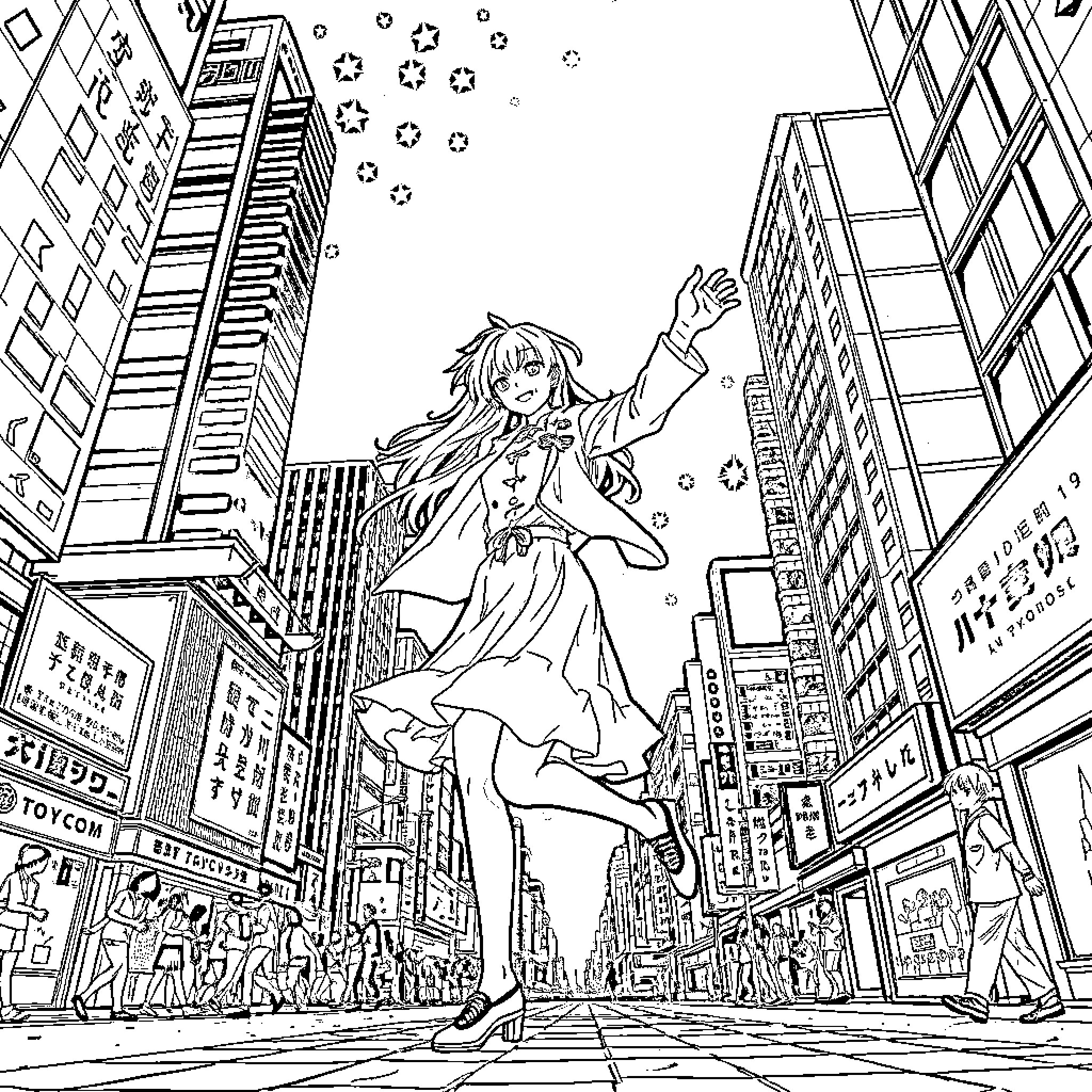 Ichigo Kurosaki's Magical Escapade in the Bustling City Coloring Page (free black-and-white line drawing printable PDF for all, from beginners to advanced learners, including children, teens, adults, and seniors)