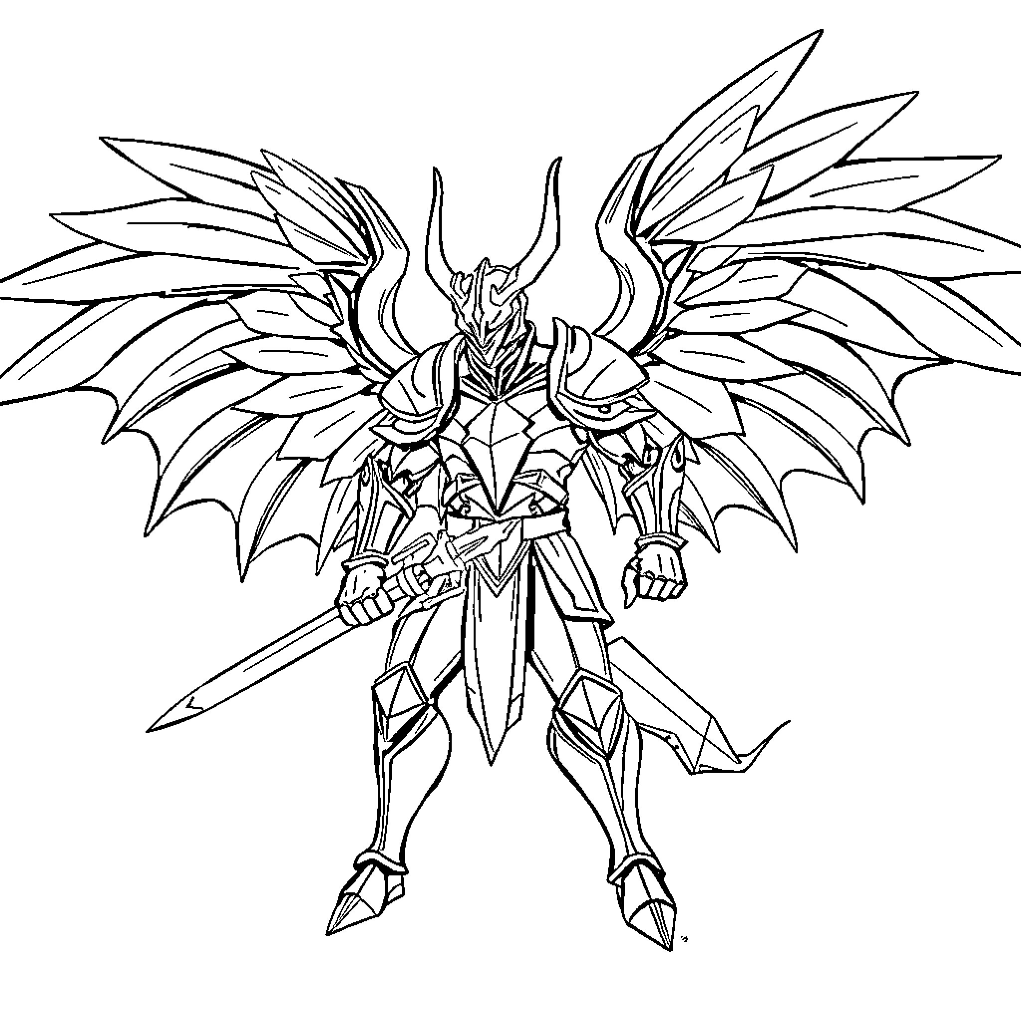 Morphoknight Wielding Fierce Armored Wings and Weapons Coloring Page (free black-and-white line drawing printable PDF for all, from beginners to advanced learners, including children, teens, adults, and seniors)