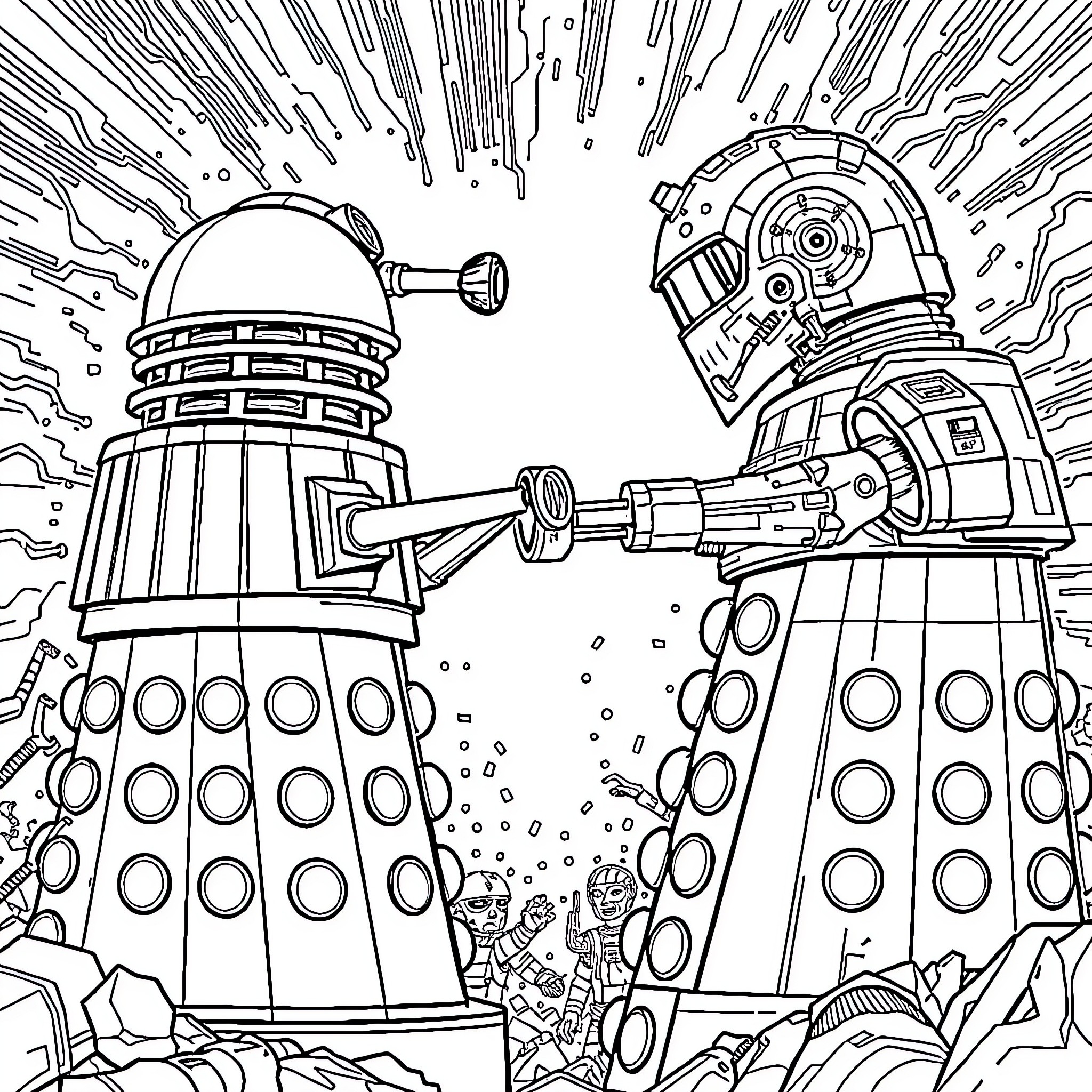 Dalek battle in a whirlwind of destruction Coloring Page (free black-and-white line drawing printable PDF for all, from beginners to advanced learners, including children, teens, adults, and seniors)