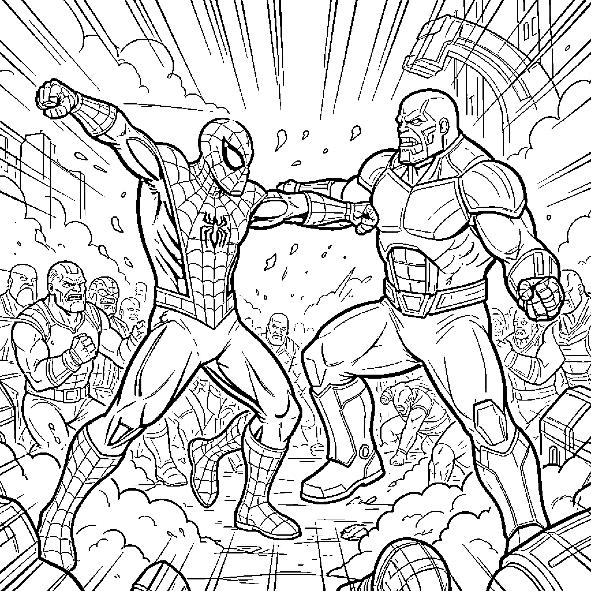 Spiderman fighting a large muscular villain in a battle Coloring Page (free black-and-white line drawing printable PDF for all, from beginners to advanced learners, including children, teens, adults, and seniors)