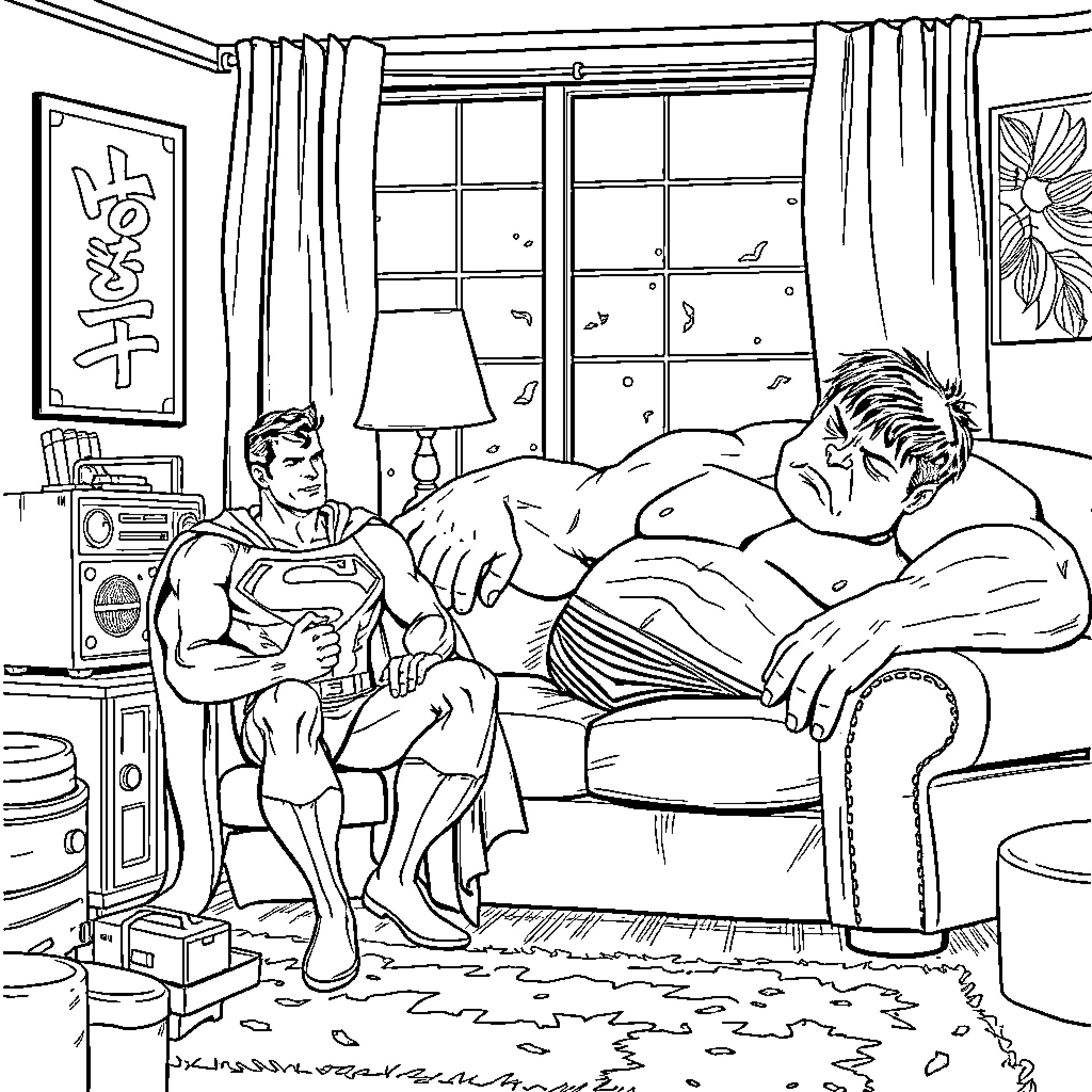Superman relaxing at home with a friend Coloring Page (free black-and-white line drawing printable PDF for all, from beginners to advanced learners, including children, teens, adults, and seniors)