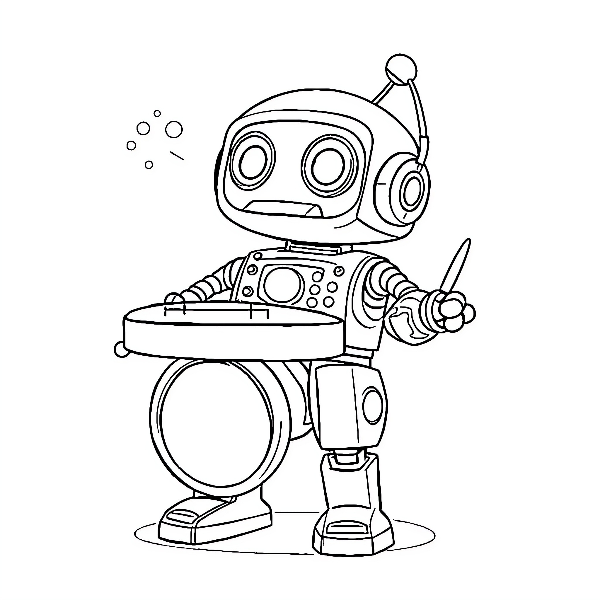 Drum Machine Robot Playing Happily Coloring Page (free black-and-white line drawing printable PDF for all, from beginners to advanced learners, including children, teens, adults, and seniors)