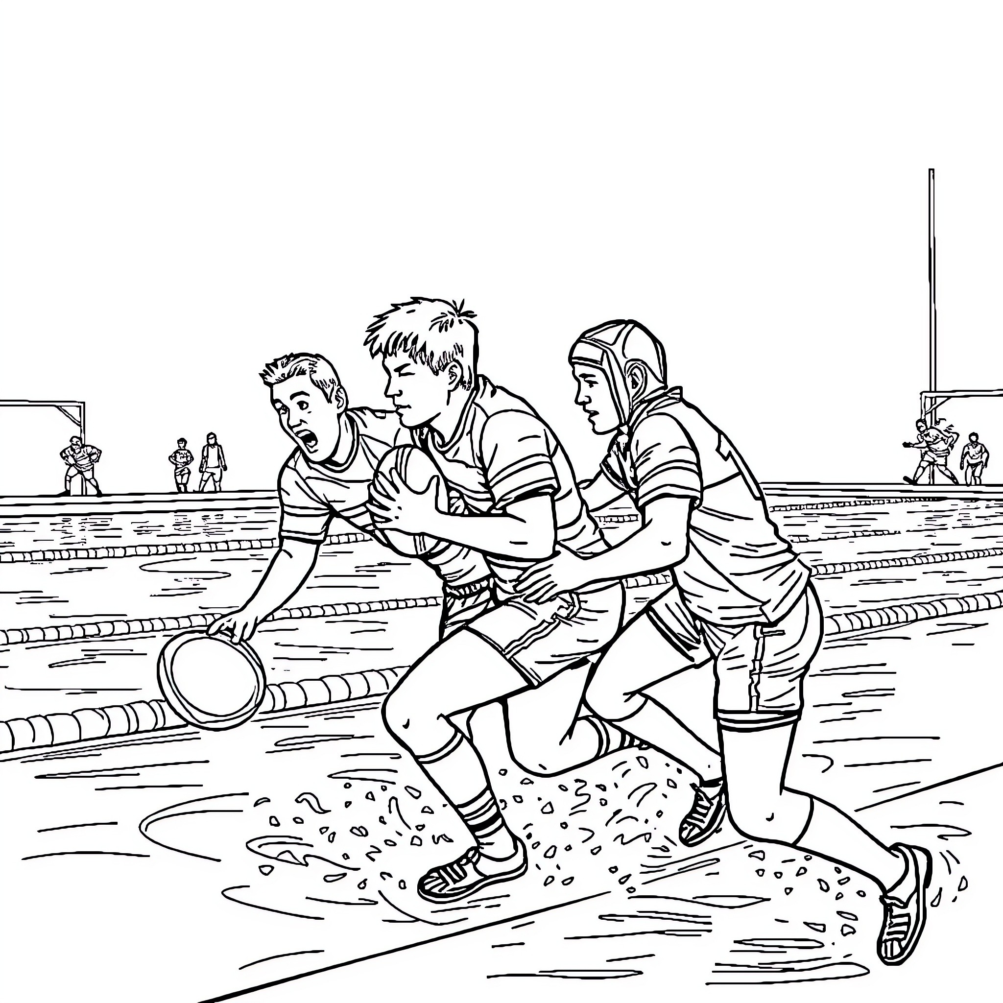 Rugby players in intense on-field action Coloring Page (free black-and-white line drawing printable PDF for all, from beginners to advanced learners, including children, teens, adults, and seniors)