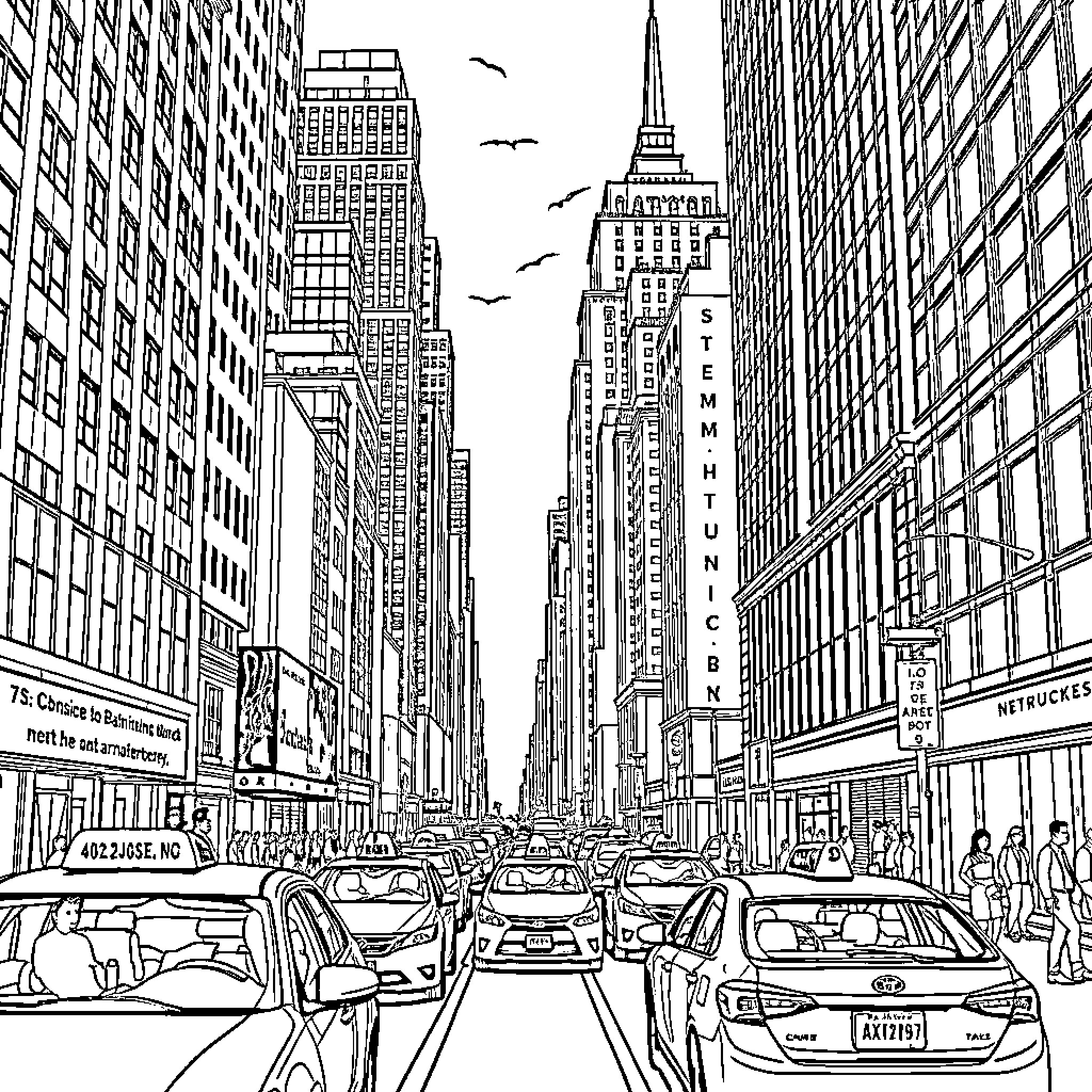 NYC Cityscape with Bustling Sidewalks and Traffic Coloring Page (free black-and-white line drawing printable PDF for all, from beginners to advanced learners, including children, teens, adults, and seniors)