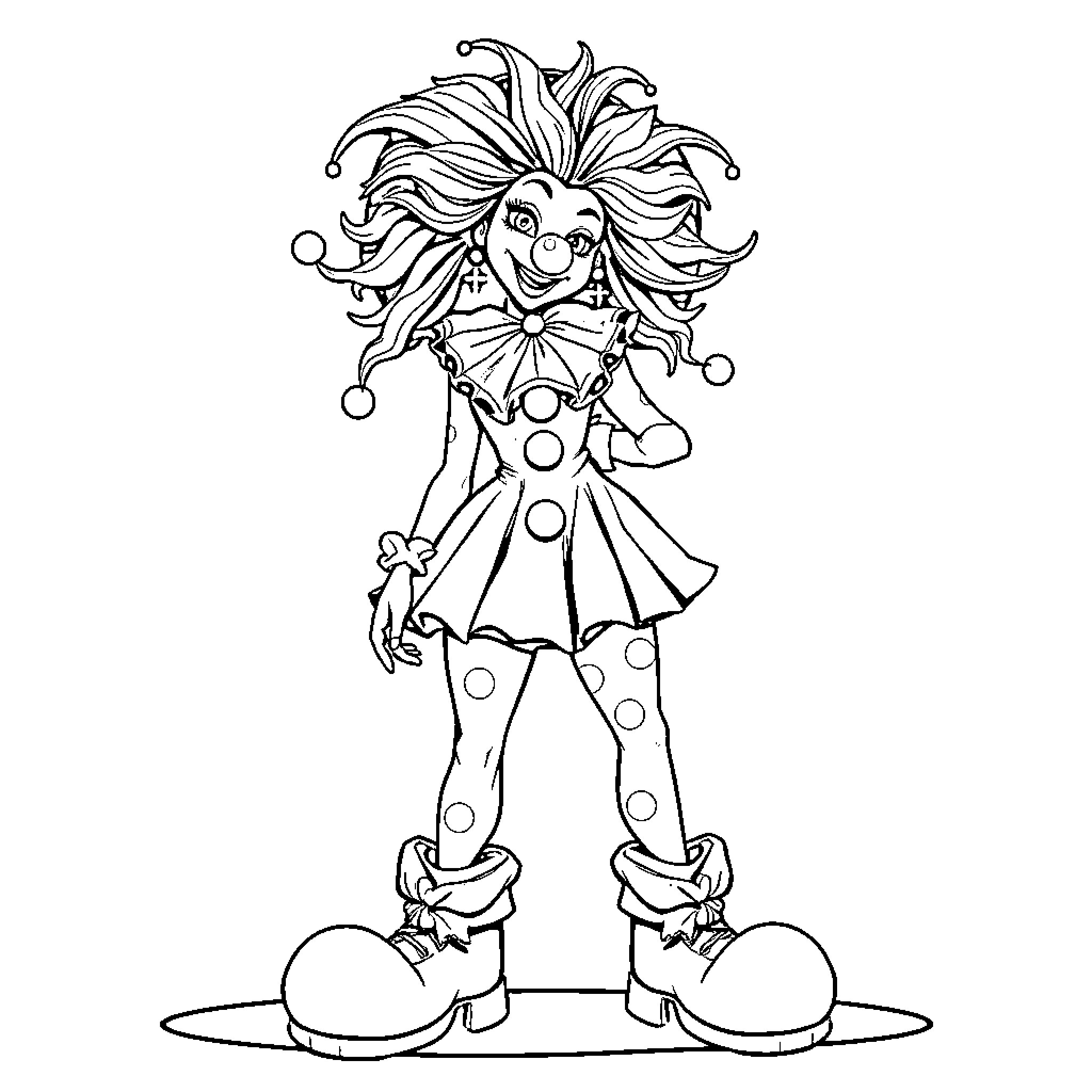 Clown performing whimsical dance with exaggerated features Coloring Page (free black-and-white line drawing printable PDF for all, from beginners to advanced learners, including children, teens, adults, and seniors)