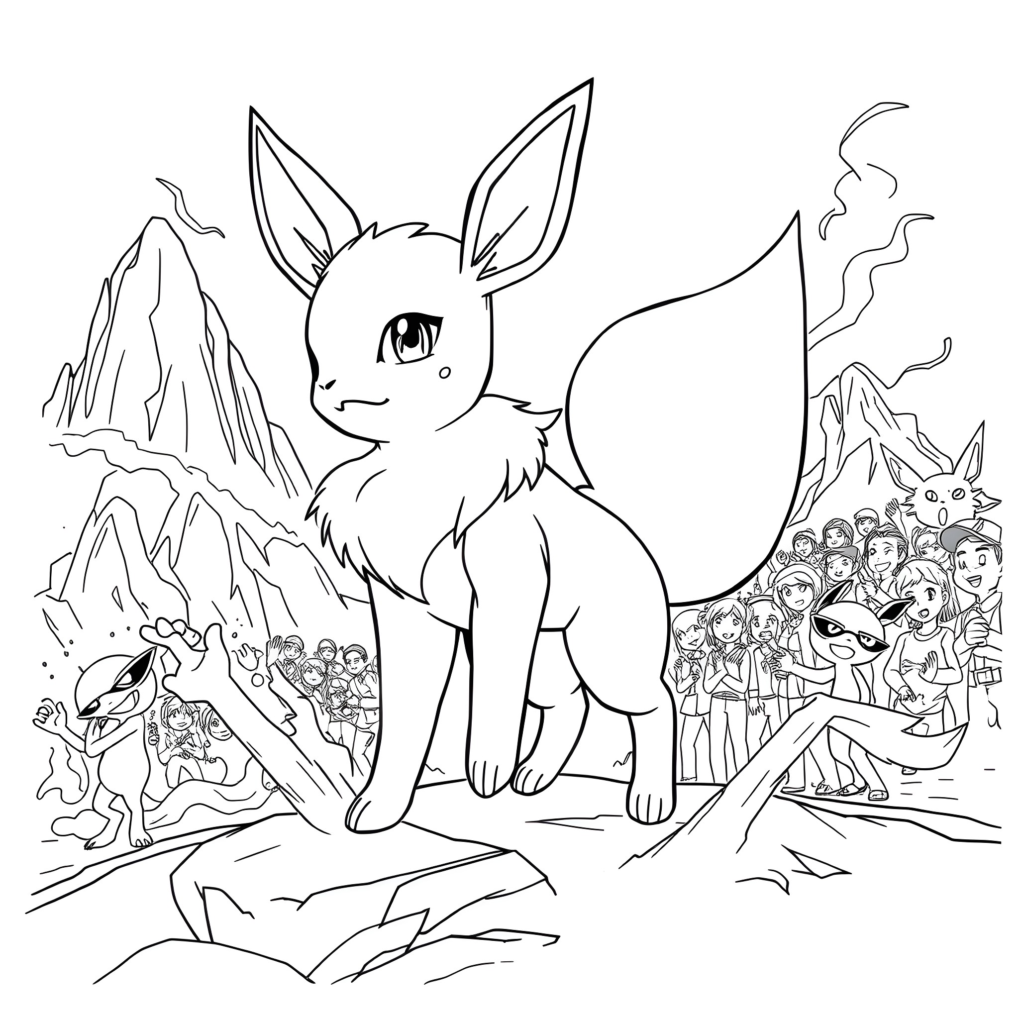 Eevee surrounded by crowd in mountainous scene Coloring Page (free black-and-white line drawing printable PDF for all, from beginners to advanced learners, including children, teens, adults, and seniors)