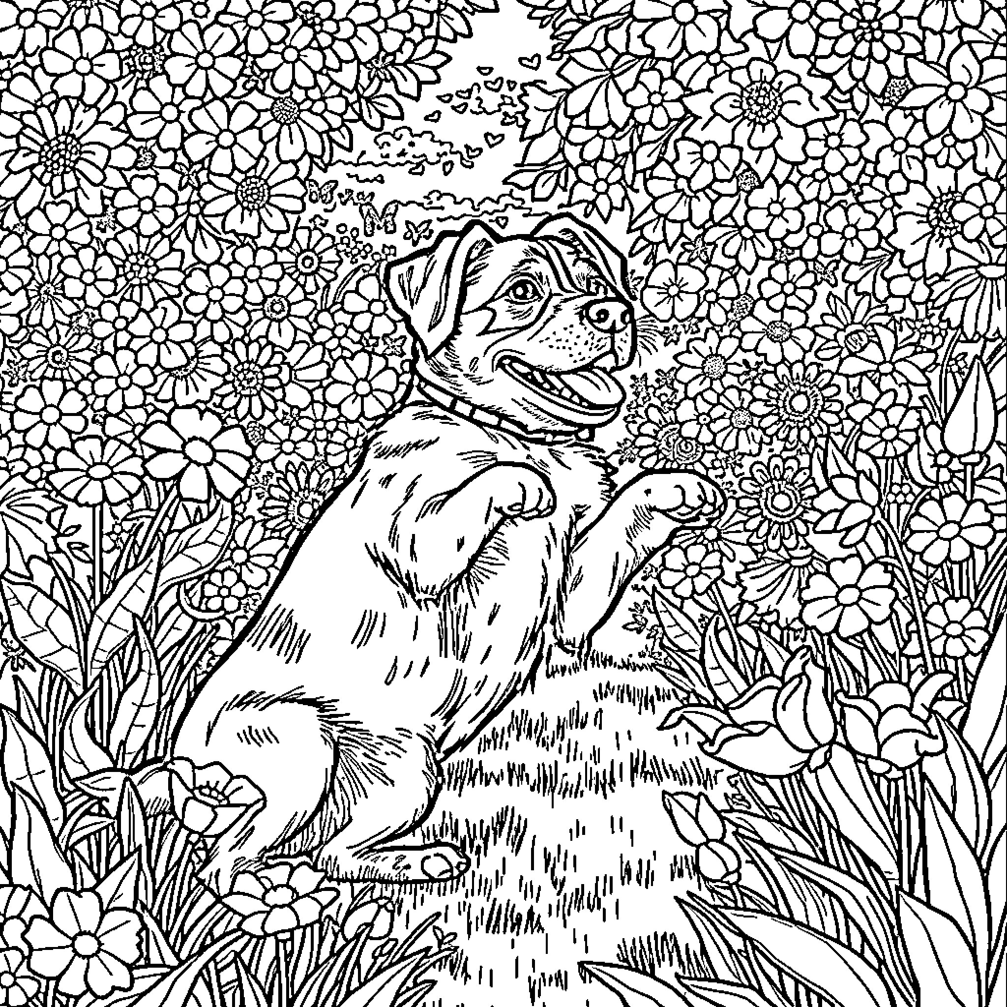Shepherd Dog Enjoying Nature's Beauty Coloring Page (free black-and-white line drawing printable PDF for all, from beginners to advanced learners, including children, teens, adults, and seniors)